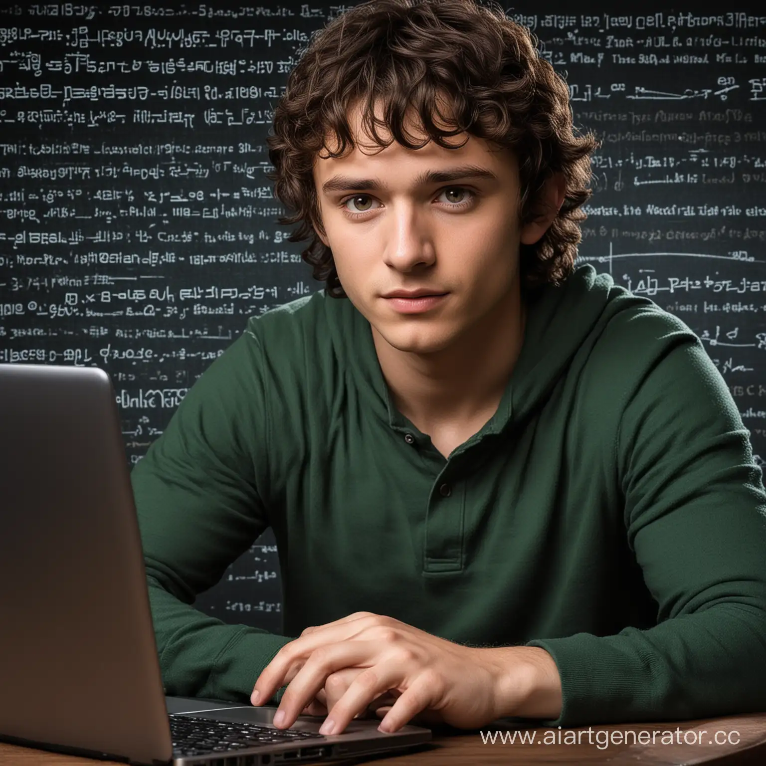 Красивый молодой парень сидит перед ноутбуком показывает пресс сзади фон чёрный по ником FroDo яркий цвет ноутбуке формулы математики