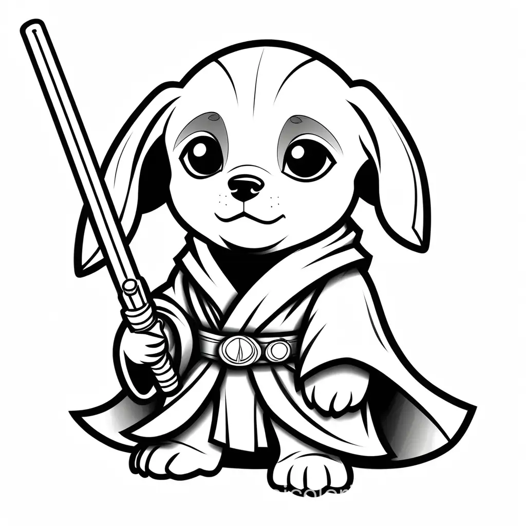 puppy jedi, Coloring Page, black and white, line art, white background, Simplicity, Ample White Space. The background of the coloring page is plain white to make it easy for young children to color within the lines. The outlines of all the subjects are easy to distinguish, making it simple for kids to color without too much difficulty