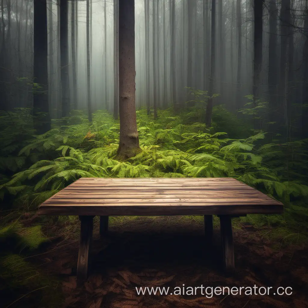 Wooden-Table-in-Forest-Setting-Serene-Nature-Scene-with-Rustic-Charm