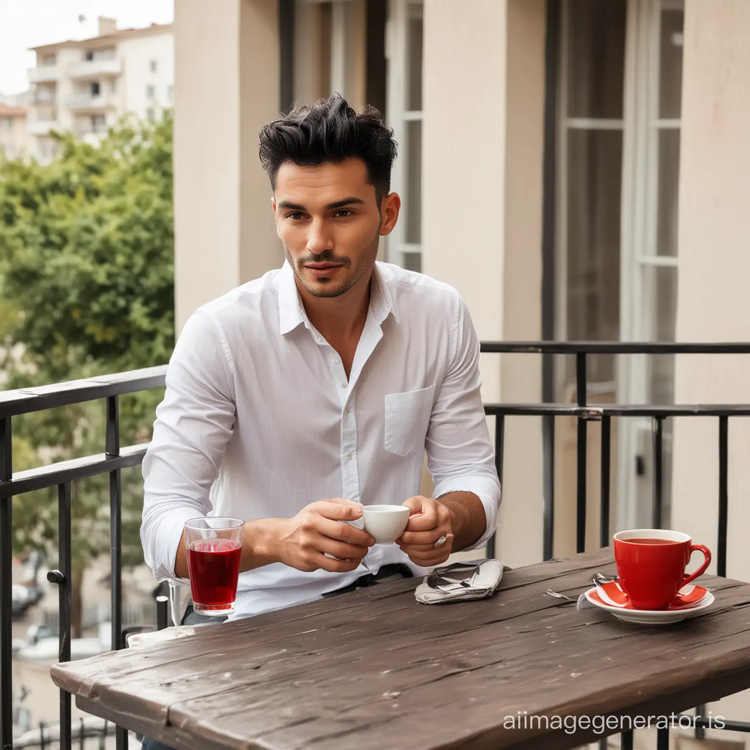 Stylish man with casual clothes and regular black hairs in balcony and one cup of red tea on the table