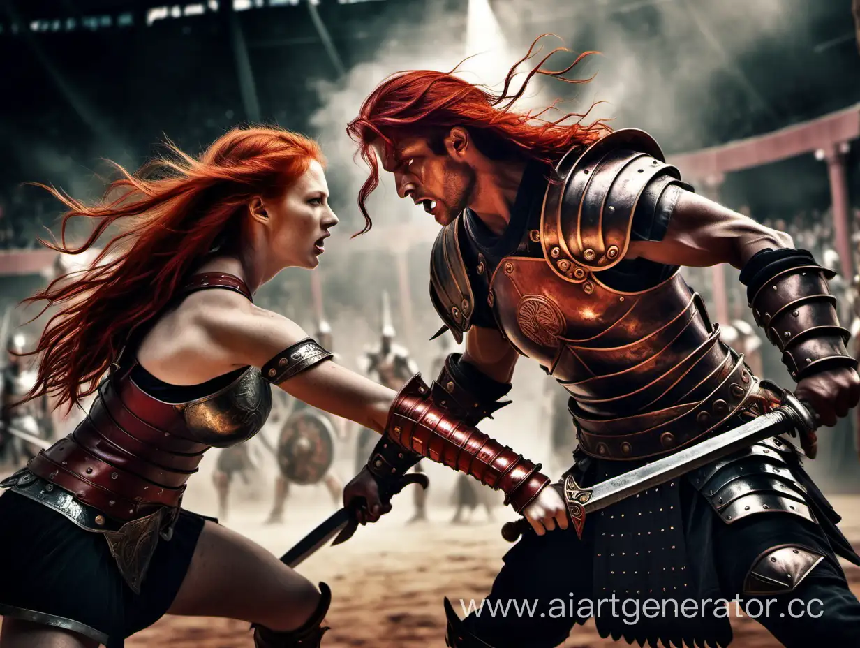 A realistic photo of red hair, woman, fantasy, warrior fighting a male warrior in an arena.