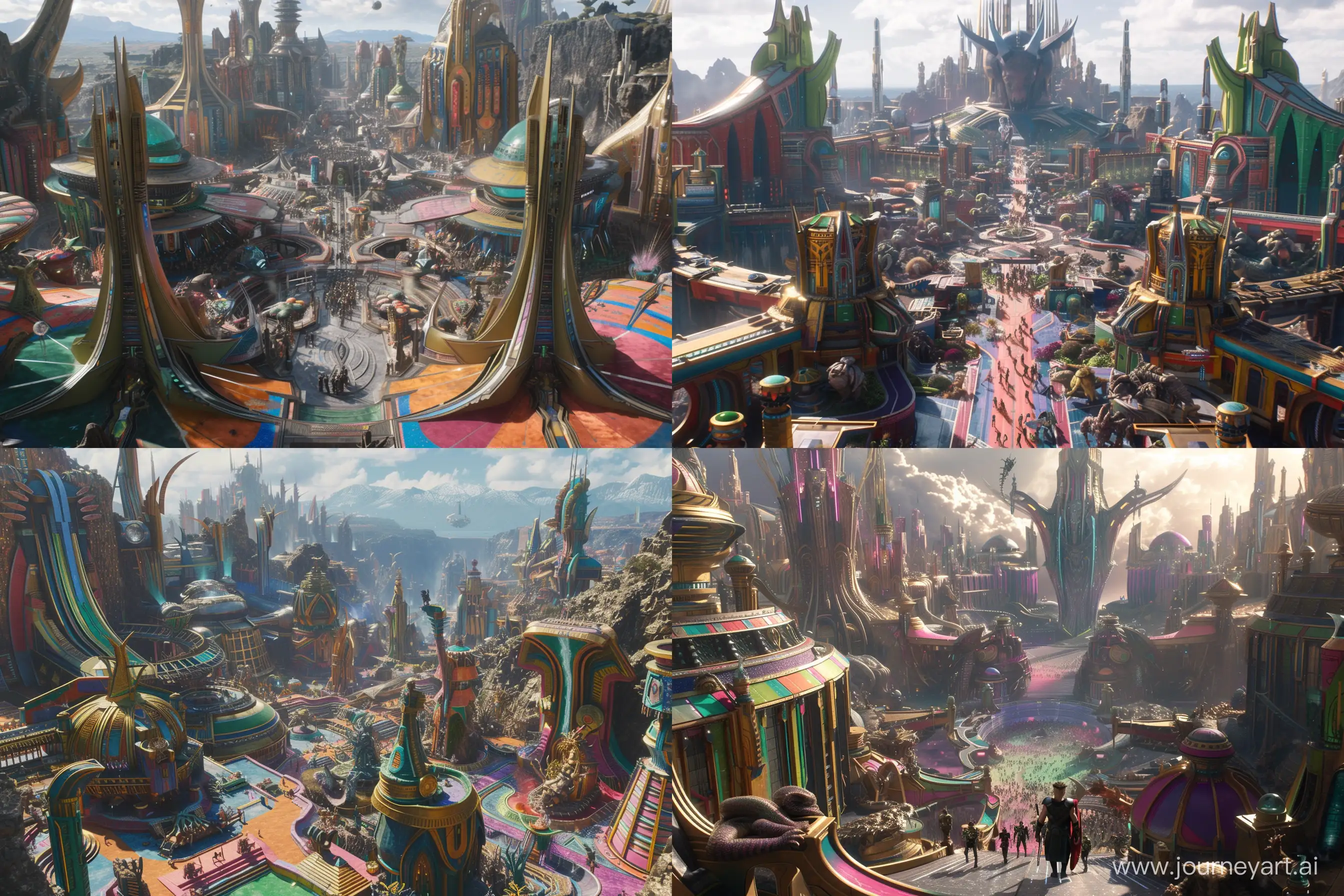 The vibrant Sakaar City in Thor: Ragnarok is a kaleidoscope of colors, filled with eccentric architecture and bustling alien life. Thor finds himself in the Grandmaster's arena, surrounded by diverse species and unique landscapes. The city reflects a mix of chaos and eccentricity, capturing the essence of the film's adventurous spirit --ar 3:2 