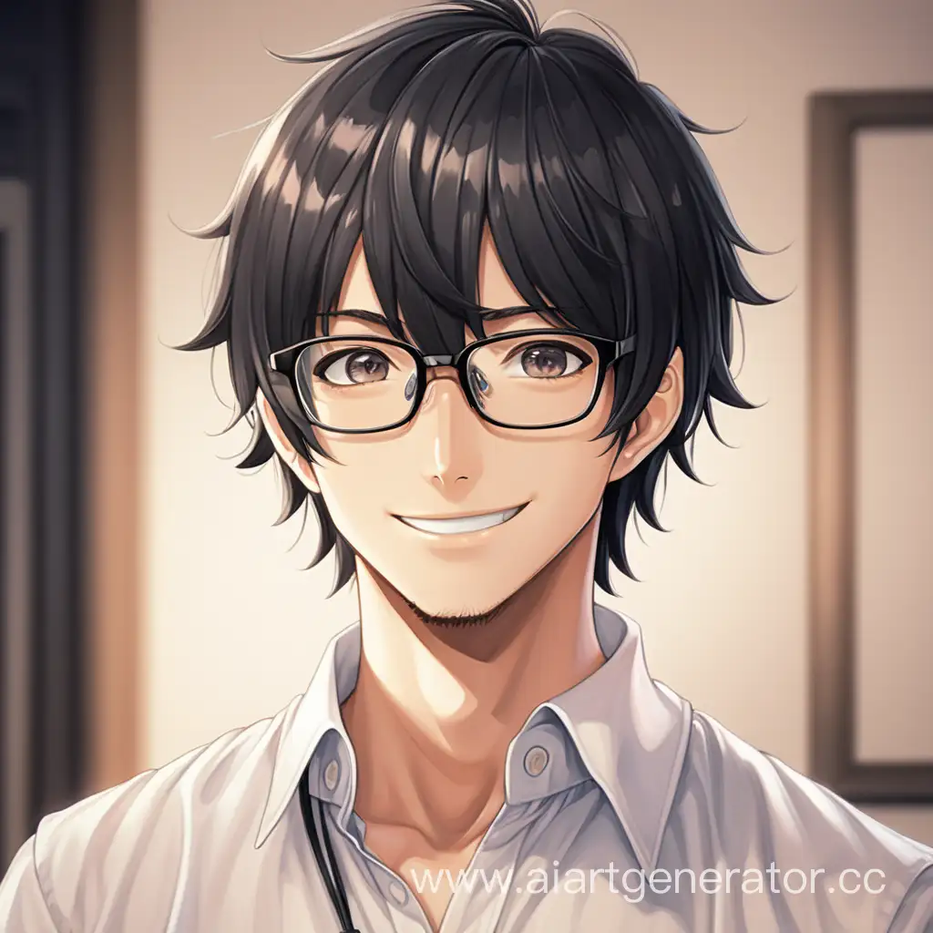 Cunning-Smile-of-a-25YearOld-Guy-with-Black-Hair-and-Glasses-in-White-Shirt-Anime-Portrait