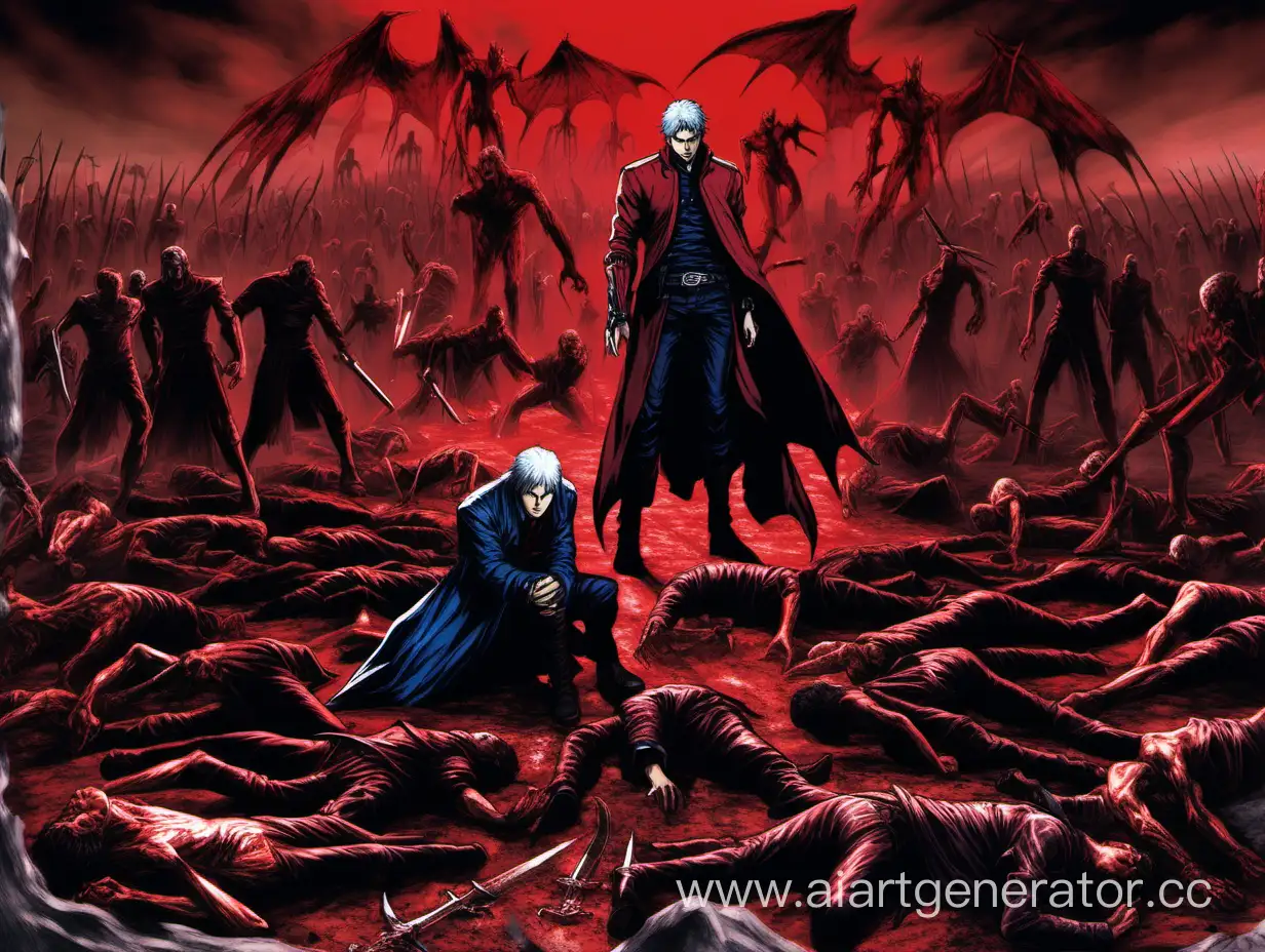 Игровой персонаж Данте тяжело ранен и стоит на коленях, рядом с ним стоит Вергилий, защищая его от армии различных демонов, локация красная, земля усыпана трупами