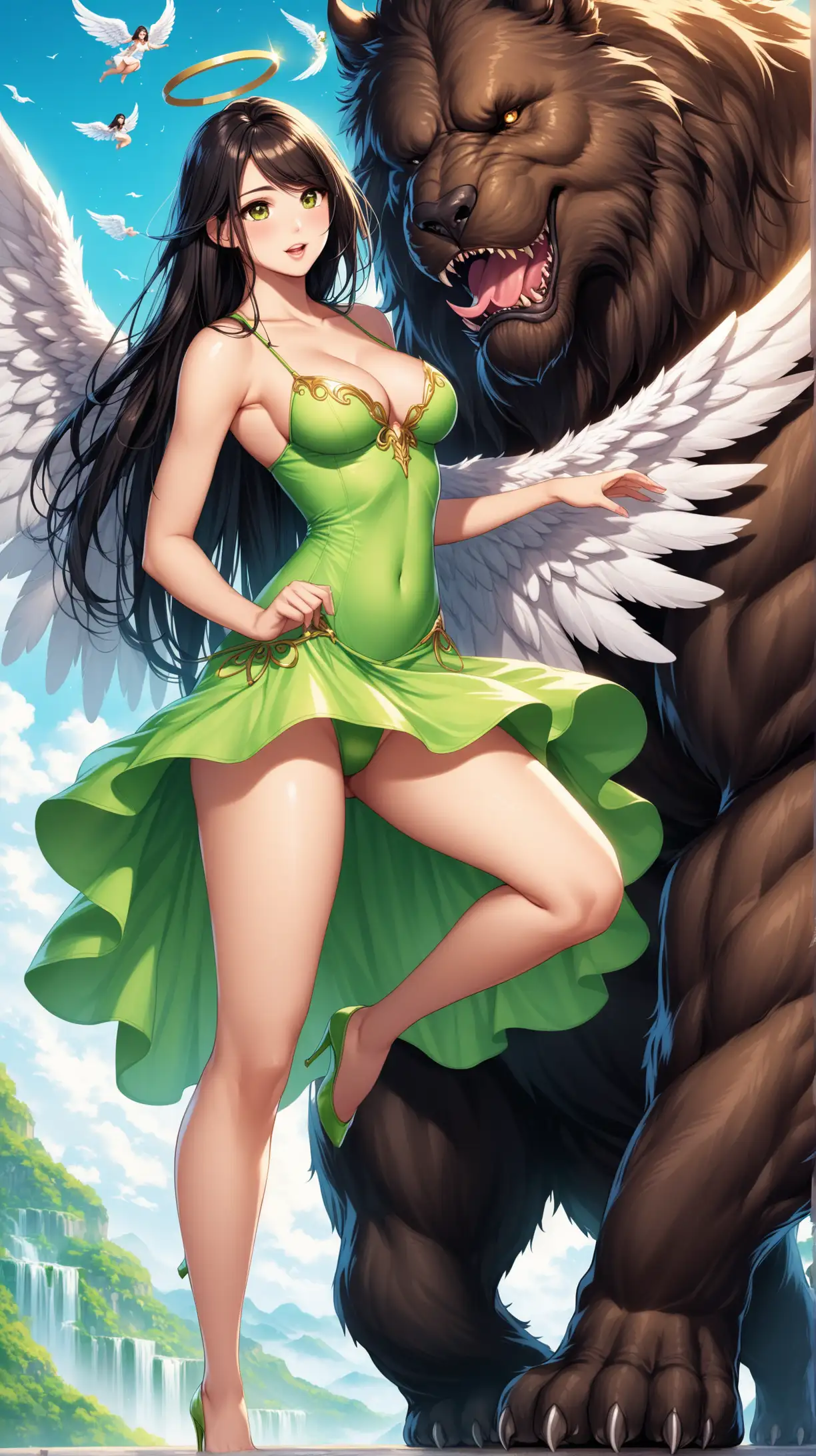 Sexy women  playing with big beast , angel costume, playful, black long hair,light brown eye, light green short sexy dress, fantastic background .