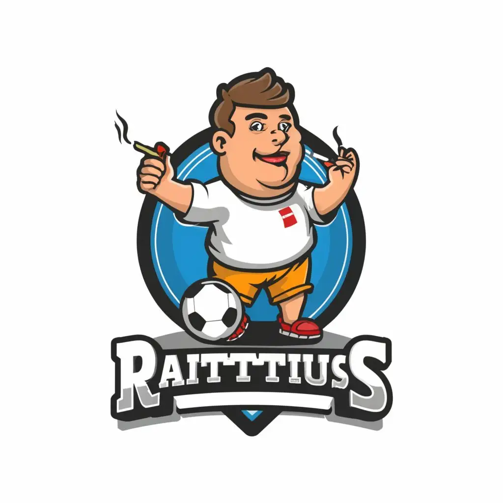 a logo design,with the text "Raittius", main symbol:Drunk fat man playing soccer and smoking cigarette,Moderate,be used in Sports Fitness industry,clear background