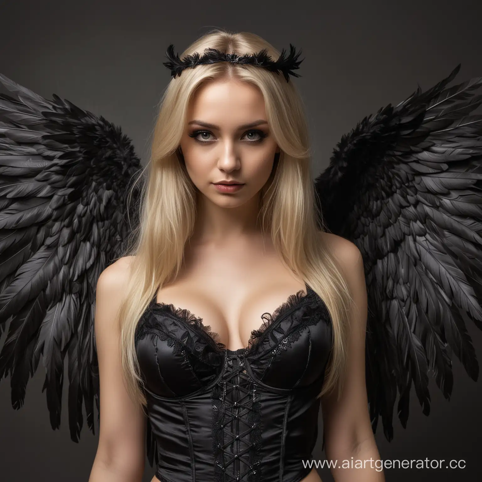 very beautiful gothic girl dressed as dark angel, nimb, feathers angel wings, pretty face, long blonde hair, black silky lingerie, hyperrealism