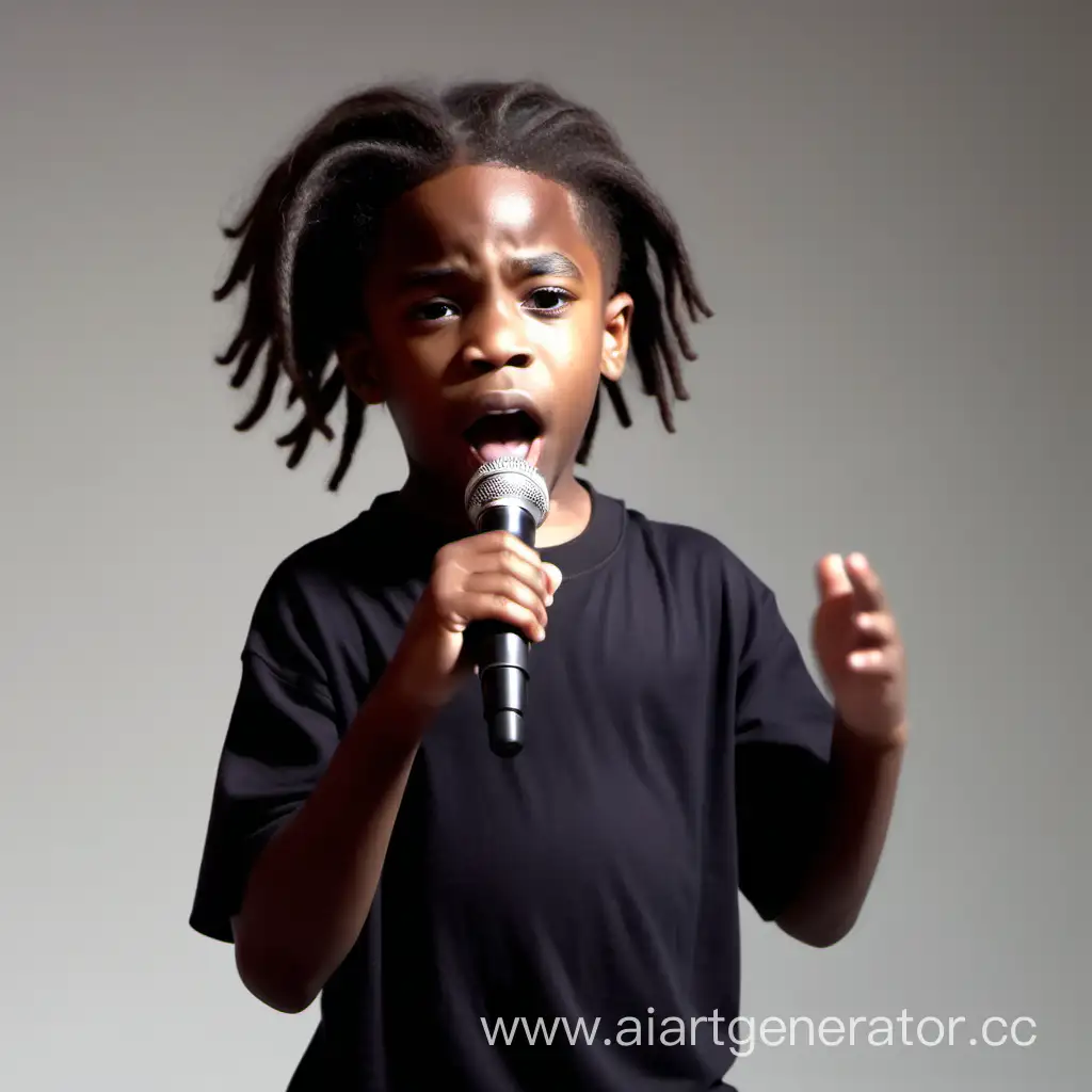 Маленький чернокожий мальчик с длинными волосами поет рэп