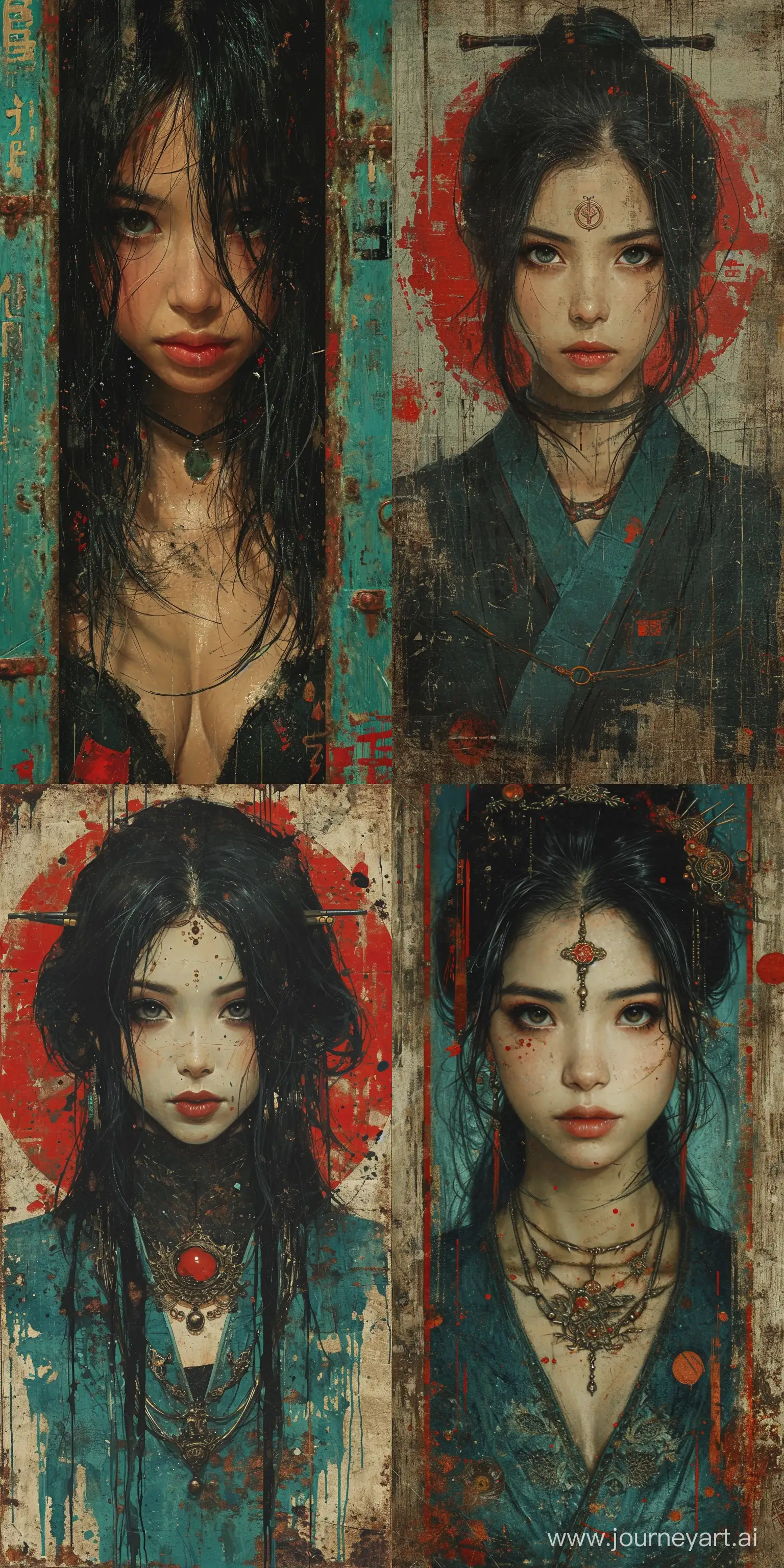 A painting of an Asian woman, in the style of precisionist art, meticulous design, highly detailed illustrations, dark turquoise and red, rusty debris, eye-catching tags, flickr --ar 1:2 --stylize 750 --v 6