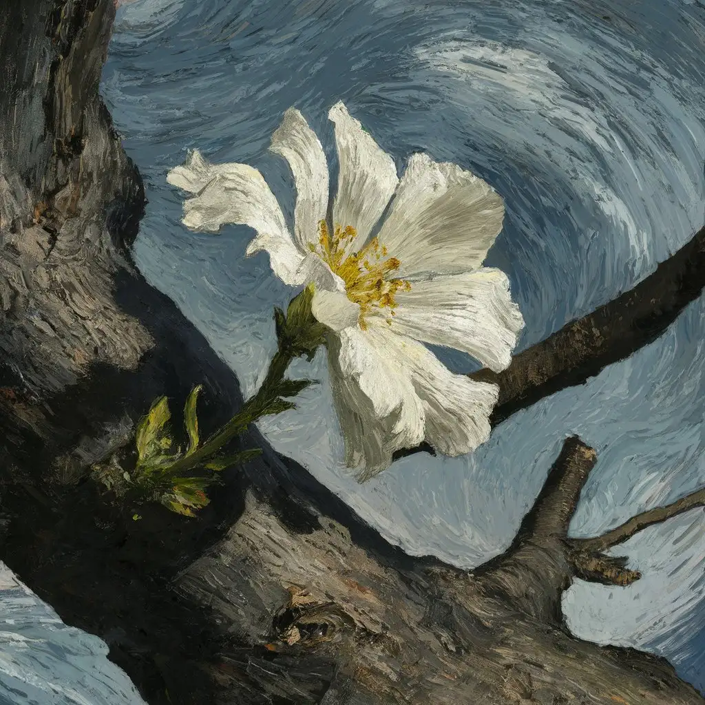 White Flower Blossom on Tree Branch Van Gogh Style Artwork
