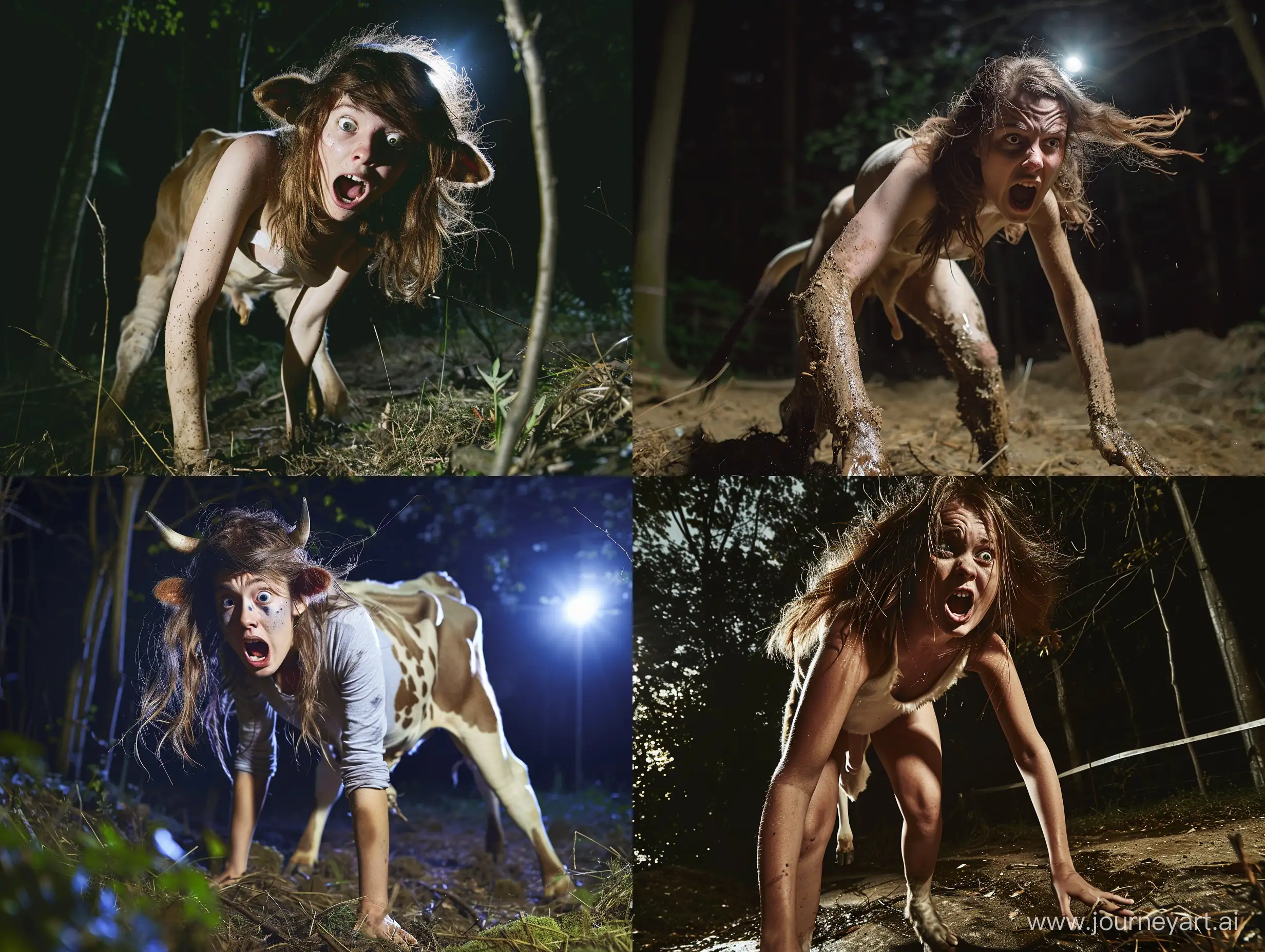 Desperate-Young-Woman-Transforming-into-a-Cow-in-Night-Forest