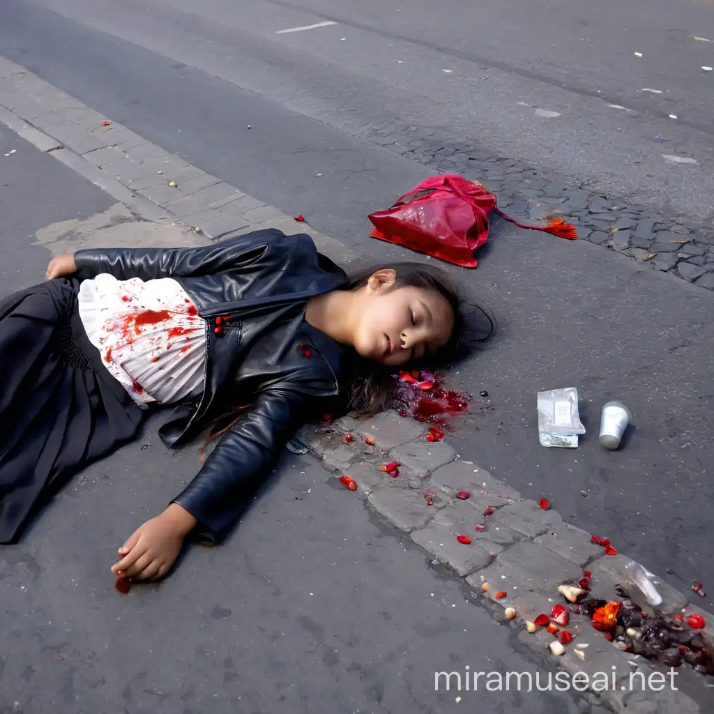 a little girl, dead, her corpse lying on the street lifelessly, crushed