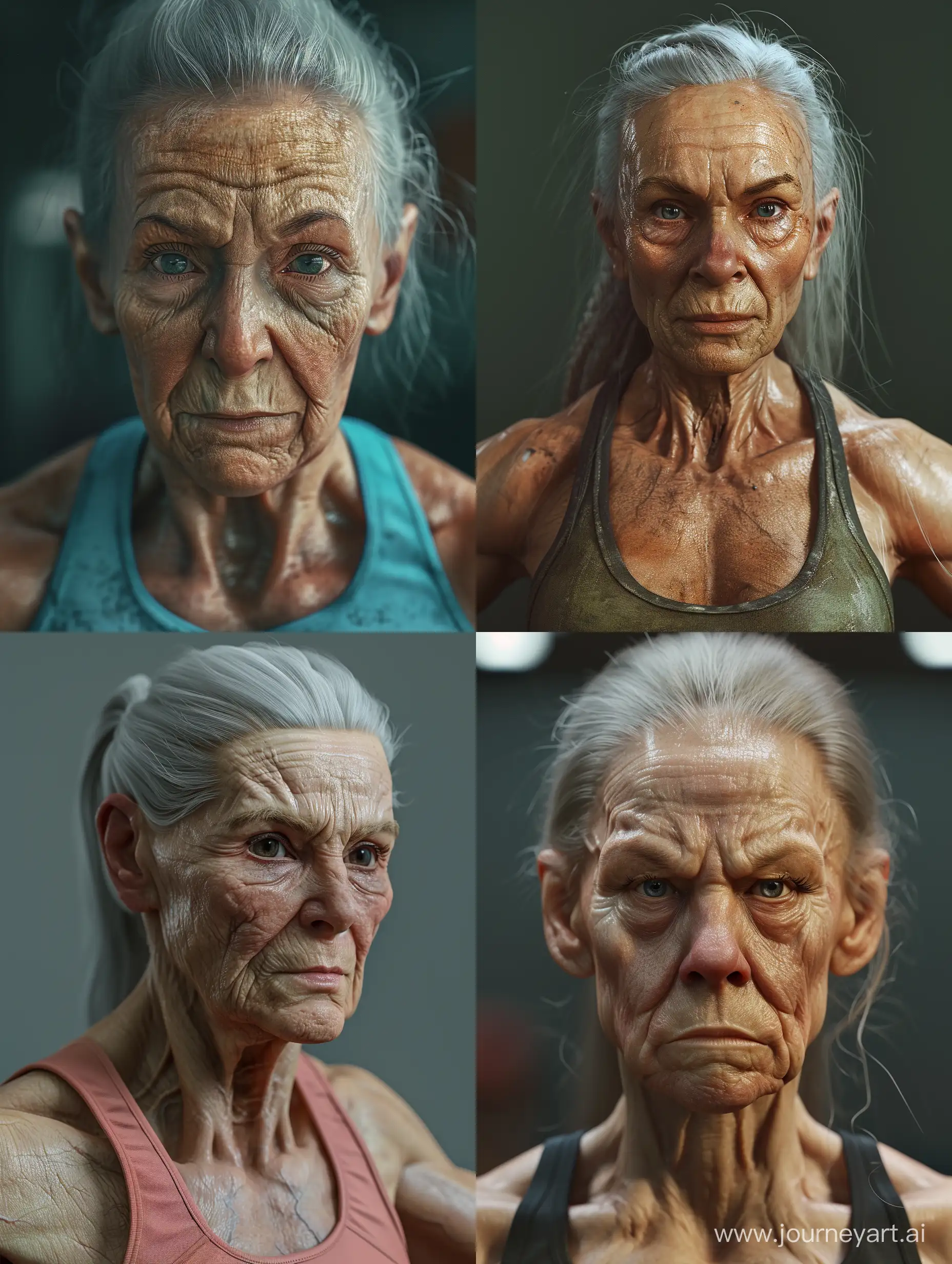 Old muscular woman doing exercises. Detailed face, detailed eyes, detailed nose, detailed mouth, high_resolution, hdr, hd, 8k, cinematic,photography, photorealistic, photorealism, hyperdetailed, illustrations, illustrating,clear skin,uhd, ultra-realistic, realism, realistic, best lighting, colour,high quality, unreal engine, epic realism, detailed, best design, detailed graphics, high_contrast, super detailed, ((masterpiece)),hyper-realistic,ultra_detailed,high_definition,professional SLR camera,volumetric lights.