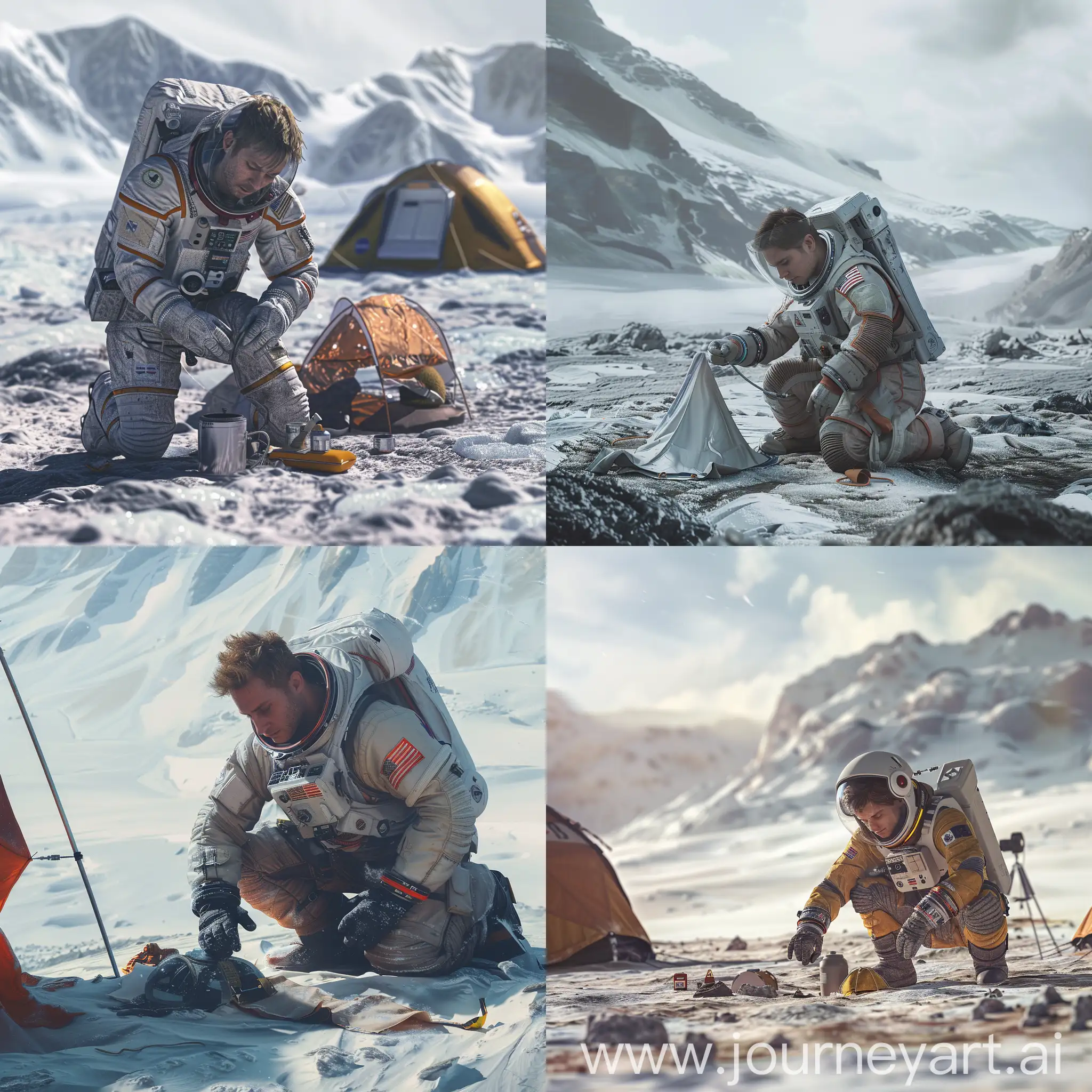 a medic astronaut alone on a wasted frozen planet setting up a small camp. wide landscape realistic design. no helmet he looks 28. light brown hair