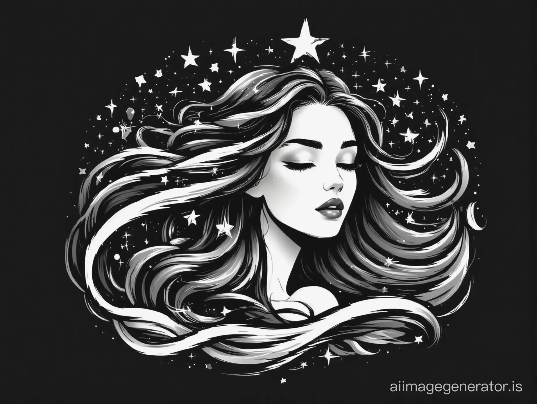 beautiful woman logo emblem, long hair, waves, stars, magic, black and white illustration minimalist