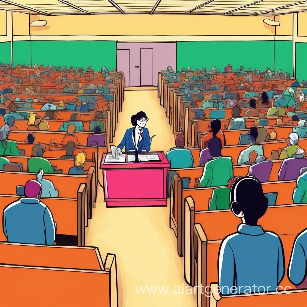 Cartoonish-Woman-Giving-Colorful-Lecture-in-Large-Hall