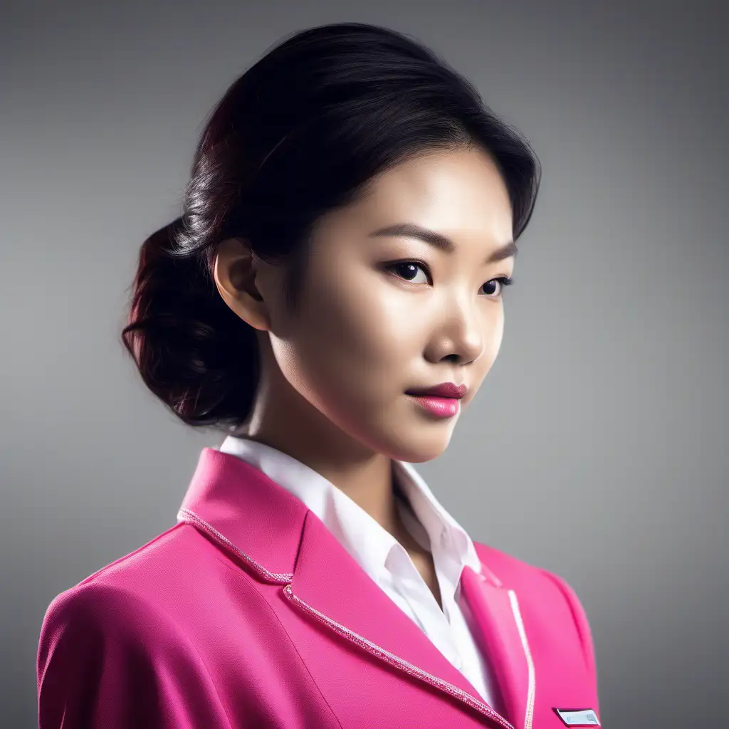 /imagine prompt : An ultra-realistic photograph captured with a canon 5d mark III camera, equipped with an 70mm lens at F 1.8 aperture setting, portraying elegant 18 years old  Hong kong woman absolutely from side, wearing modern flight attendant bright pink uniform [photorealistic] The background is empty white, highlighting the subject. The image, shot in high resolution and a 9:16 aspect ratio, captures the subject’s natural beauty and personality with stunning realism Soft spot light gracefully illuminates the subject’s arm, all body is luminated very well, casting a dreamlike glow. –ar 9:16 –v 5.2 –style raw