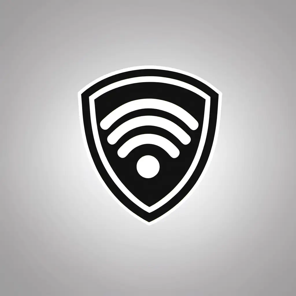 black and white simple shield logo with a wifi icon 