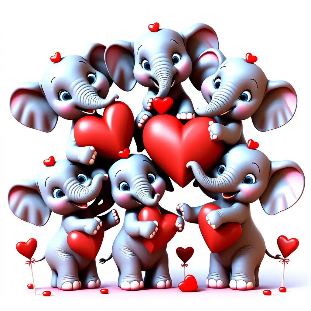 Generate an enchanting 3D Pixar-style clipart of a group of baby elephants playfully arranging heart-shaped candies into the word "LOVE." Ensure each elephant wears a playful expression, making the scene delightful and heartening. Place this adorable ensemble on a plain white background.