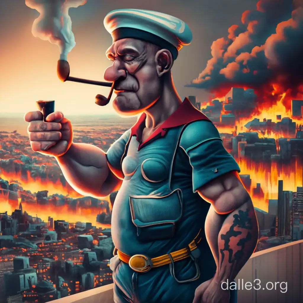 Popeye the sailor smokes a pipe against the backdrop of the apocalypse, style ralistic, maximum details, 8K