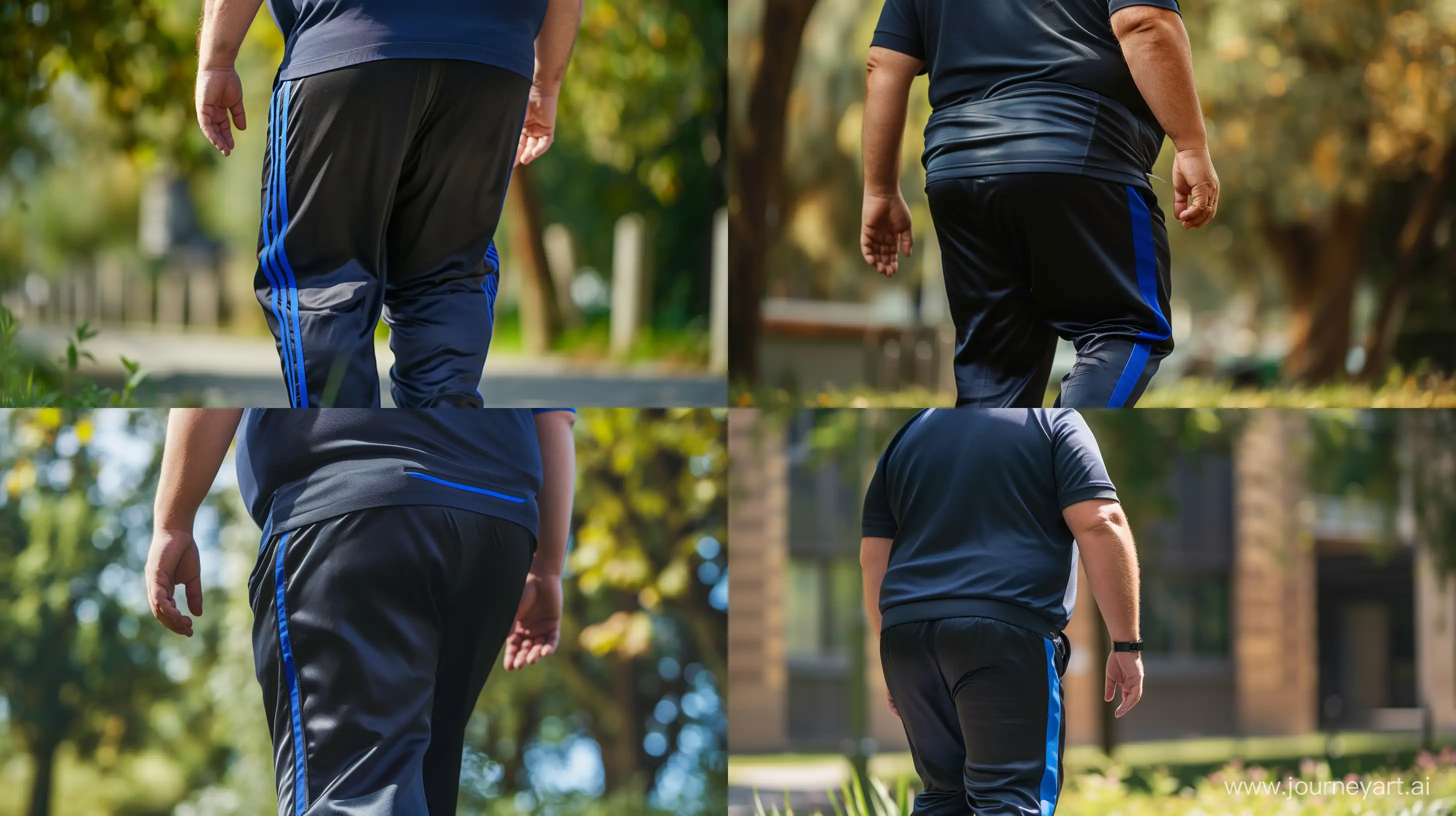 Back view close-up photo of a fat man aged 60 wearing silk navy tracksuit pants with royal blue stripe on the leg and a sport polo shirt tucked in pants. Walking Outside. --style raw --ar 16:9