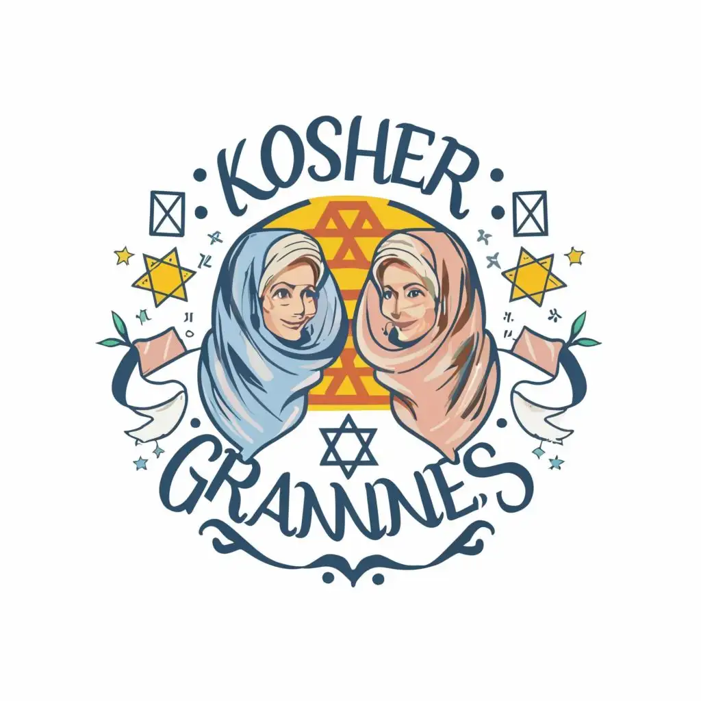 logo, Headscarves jewish, with stars of david, with the text "Kosher Grannies", typography