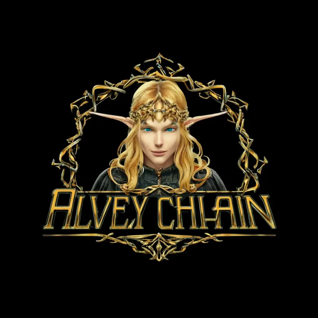logo, Lord of the rings elf with with VR Goggles gold and black professional, with the text "Alvey Chain", typography, be used in Technology industry