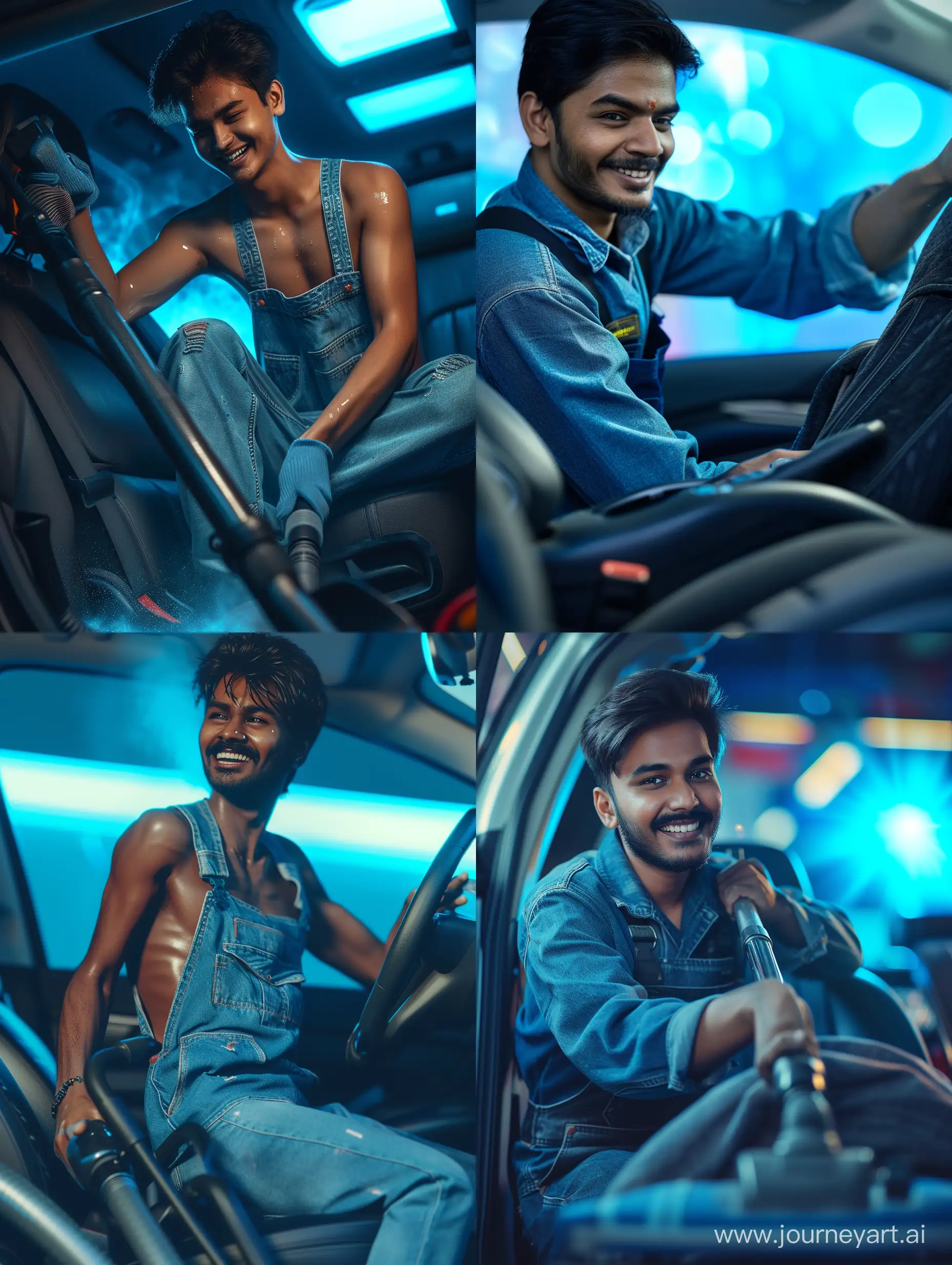 Ultra realistic, a Bangladeshi worker is vacuuming a car seat. atmosphere in the car. cheerful and smiling face. wearing blue jean overalls. there is a blue light behind.. canon eos-id x mark iii dslr --v 6.0