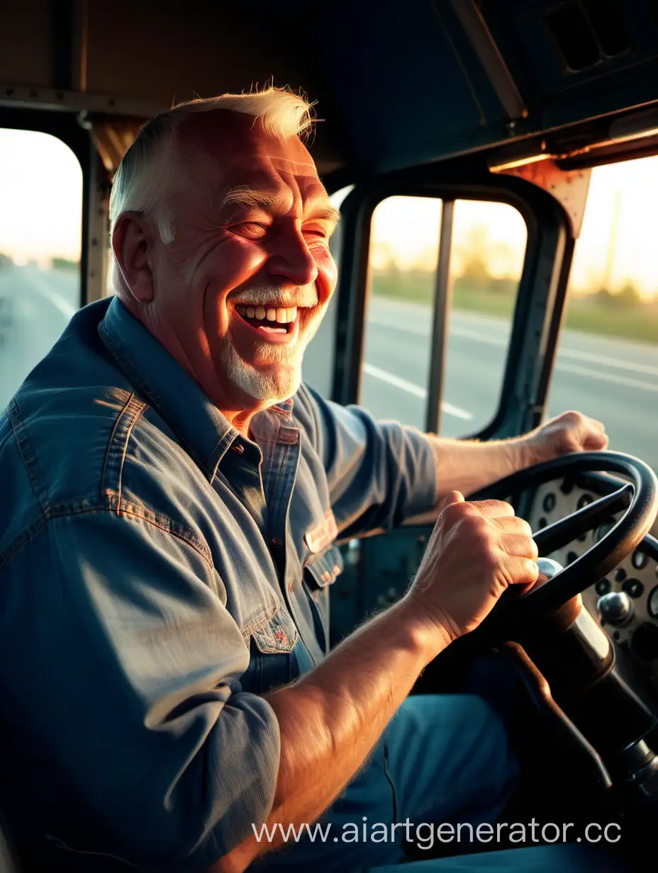 Счастливый водитель дальнобойщик ведёт свой олдскульный грузовик петербилд по вечерней трассе. Водитель сидя за рулём закинул руки за голову и счастливо улыбается.
