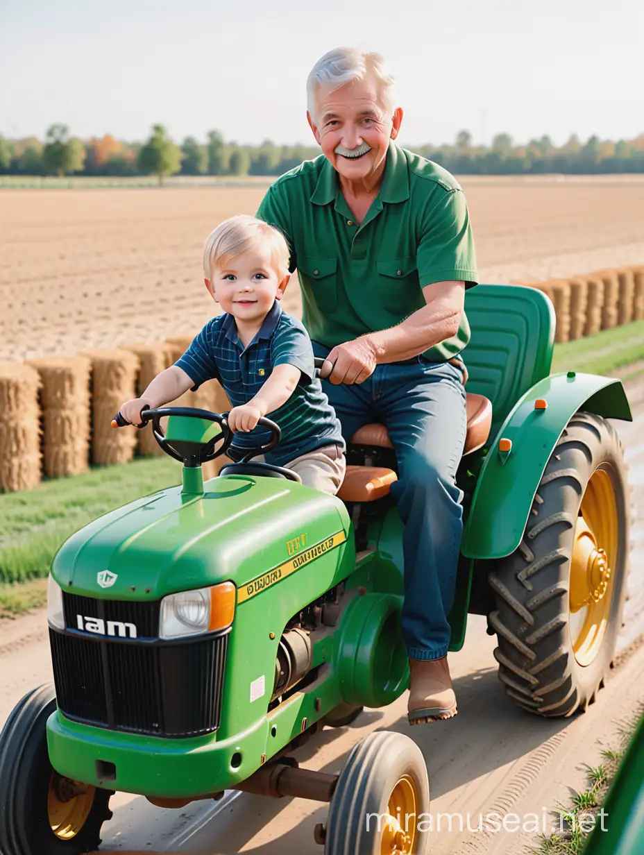 boy age 2 with short blonde hair and hazel eyes,the boy is riding on a green tractor.He is helping his grandpa who has gray hair