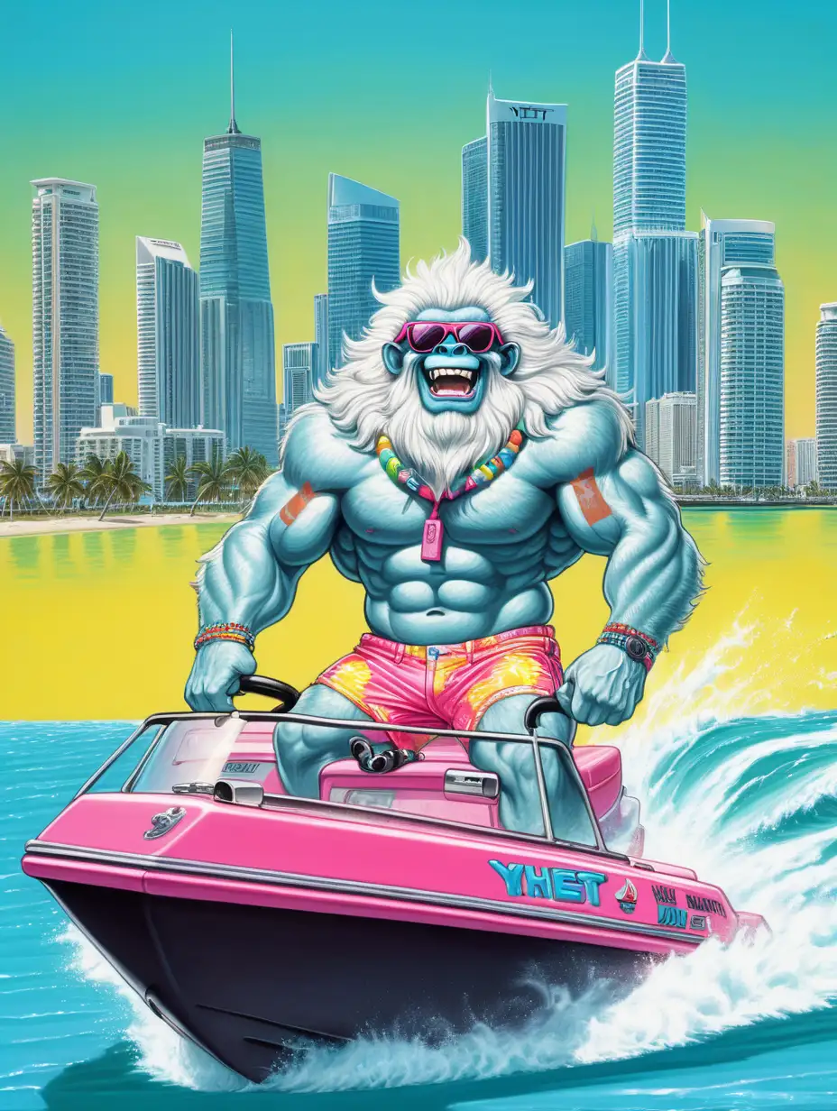 happy Muscular Yeti wearing sunglasses driving 50-foot cigarette race boat. Miami skyline in the background. Yeti scale proportional to the size of the boat. Yeti wearing 80's neon swim shorts
