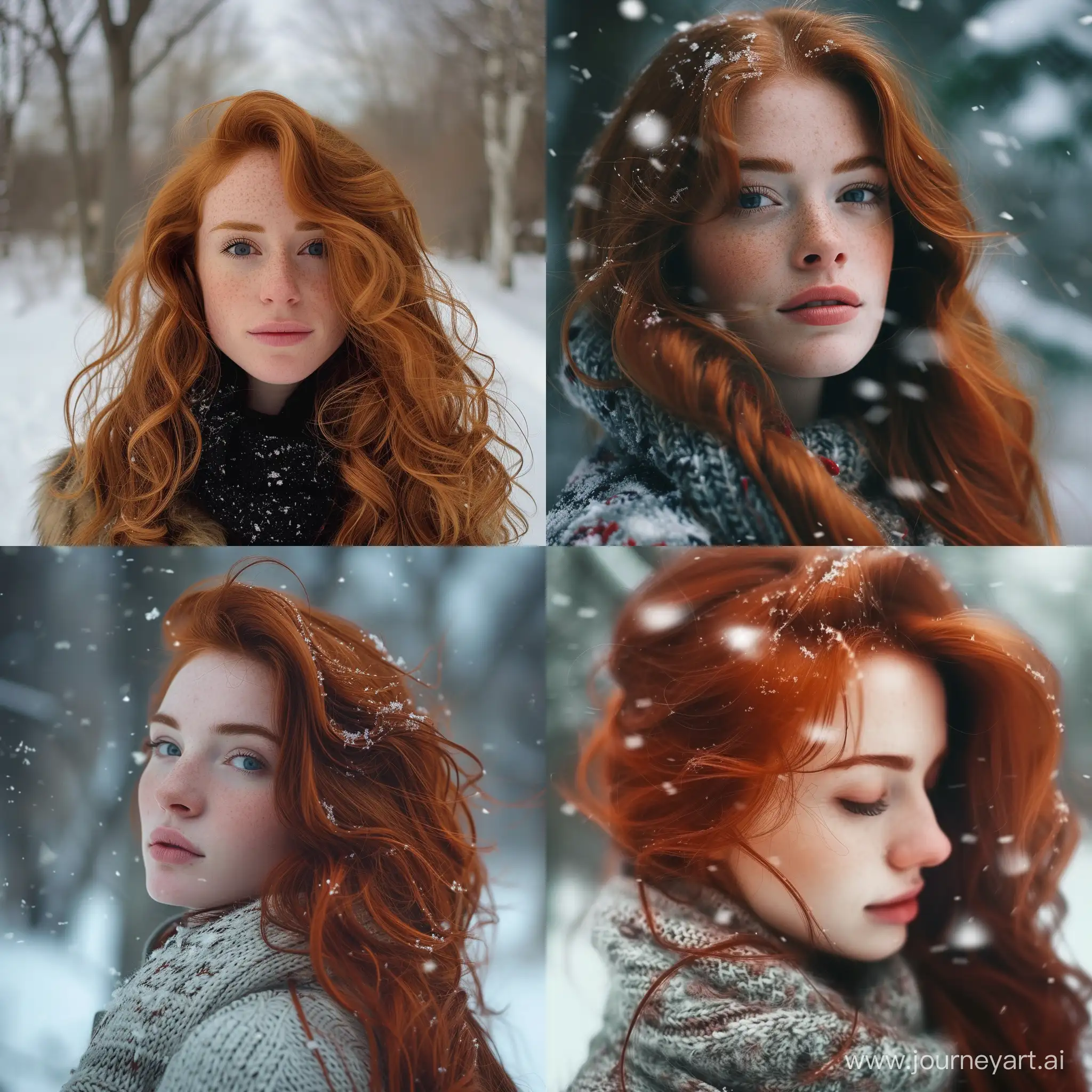 create a real life red hair woman in with and snowy background 