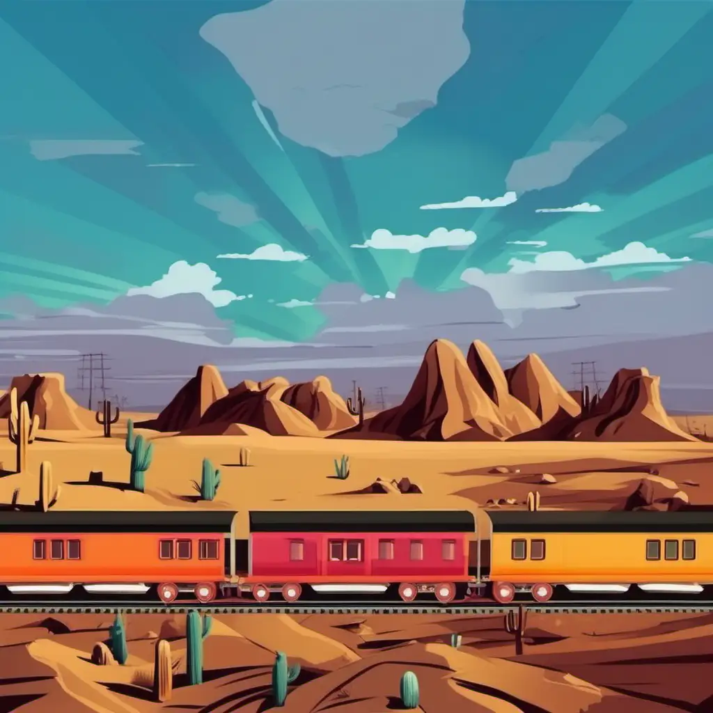 Cartoony color. Train and Landscape in the desert ...high angle