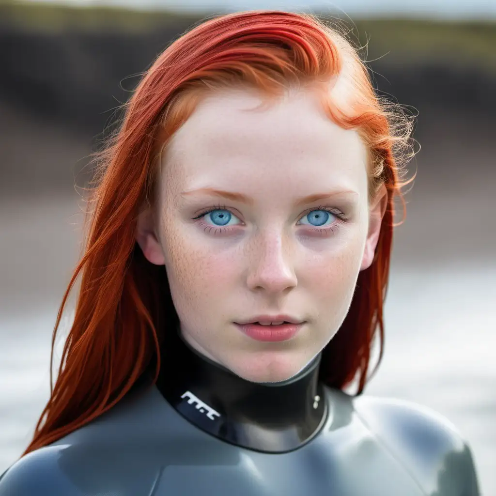 young redhead with piercing blue eyes, grey and red wetsuit