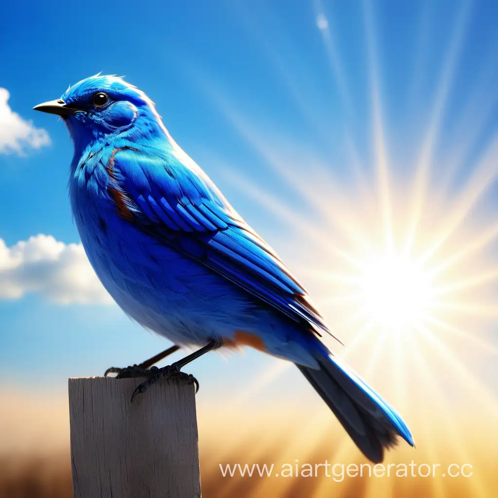 Синяя птица счастья на фоне солнечного неба