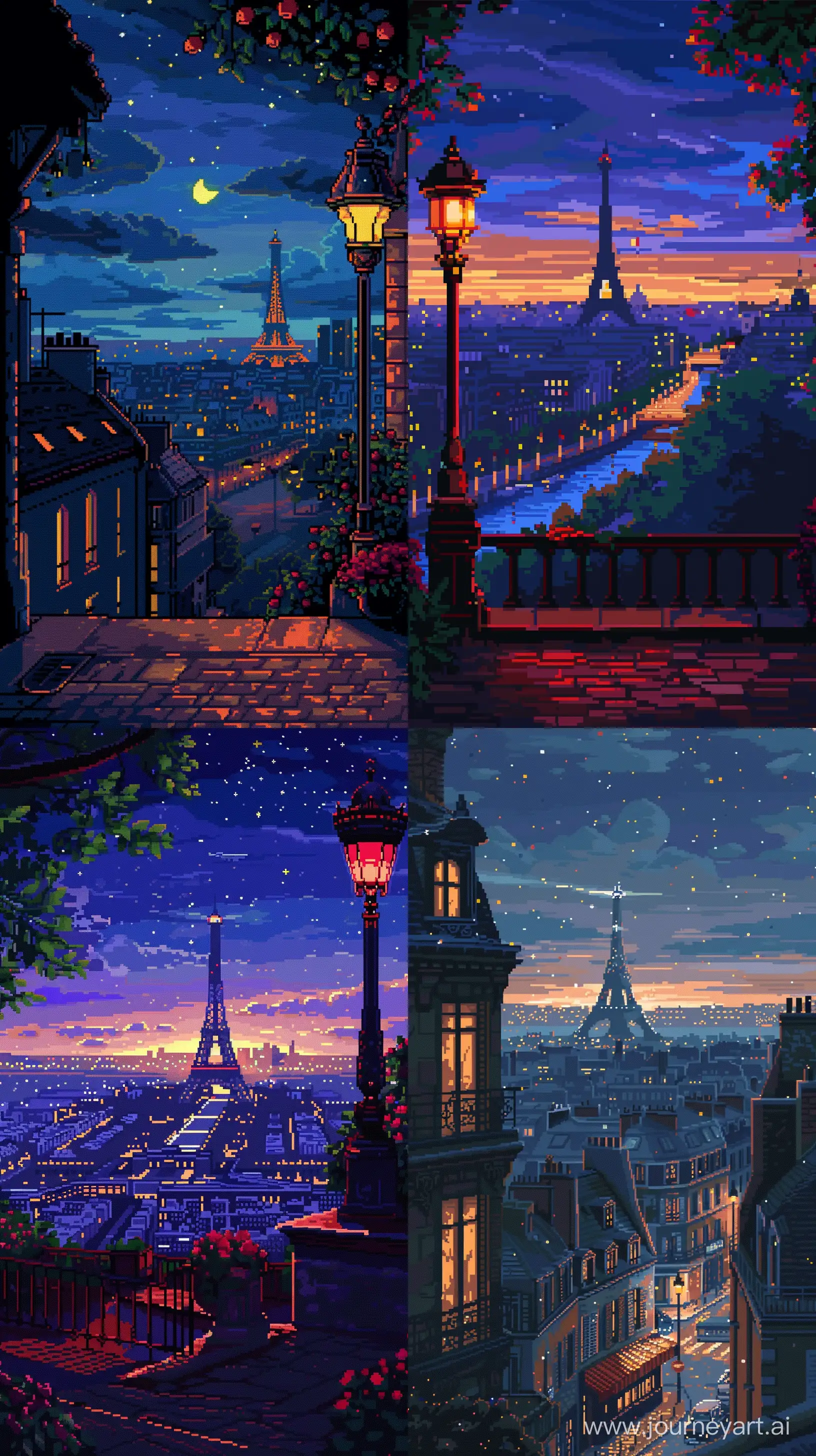 Paris City View Illustration in 8-bit Pixel Art Style, Night Time, Retro Color Details, Extremely Details --ar 9:16