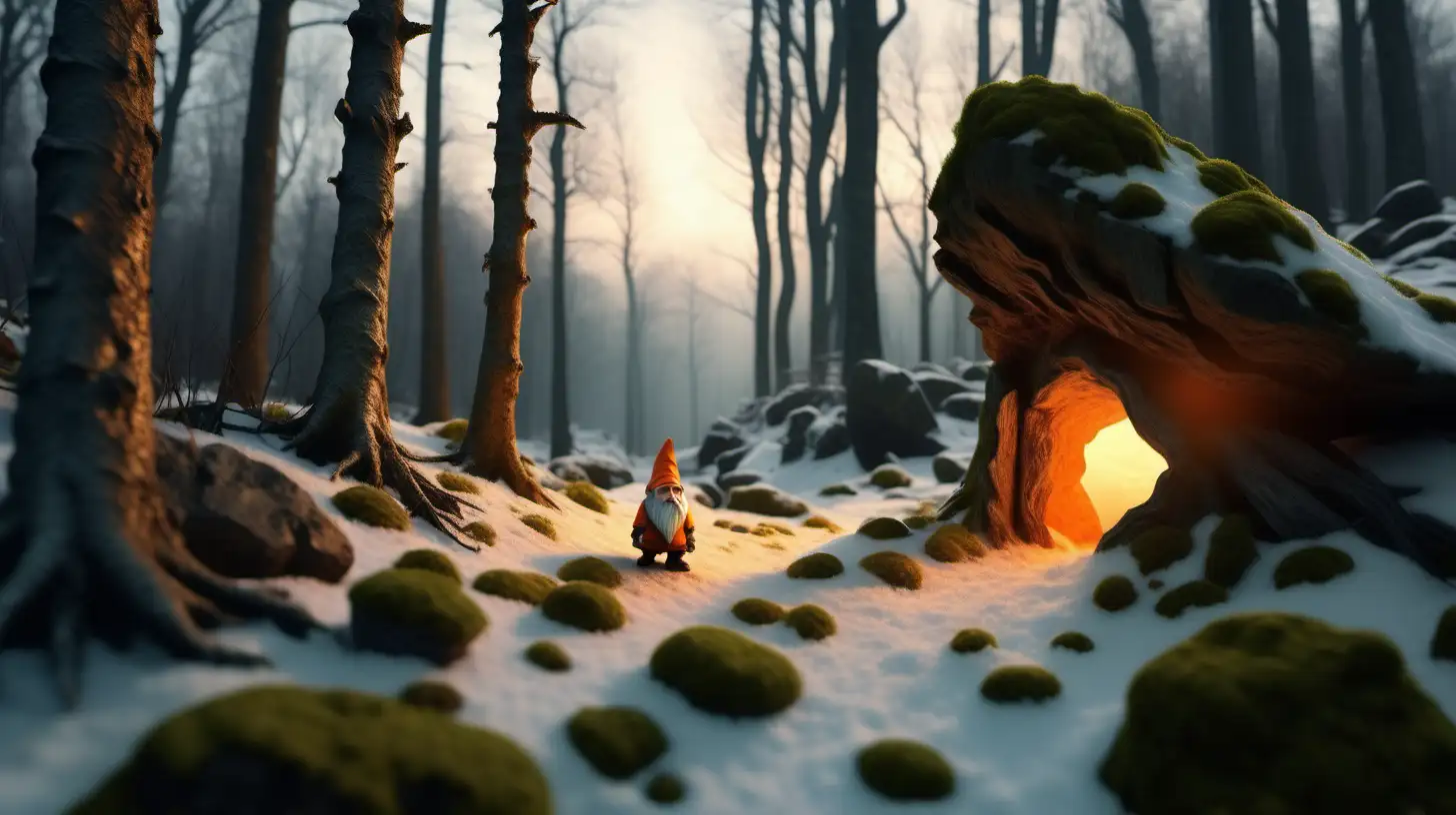 Create a hyper realistic image of a forest landscape, deep in the woods, nordic trees and rocks, moss covered trees, orange light, panoramic view, 1080p resolution, volumetric lightning, ultra 4K, high definition, snow, in the far distance a silhouette of a gnome is moving