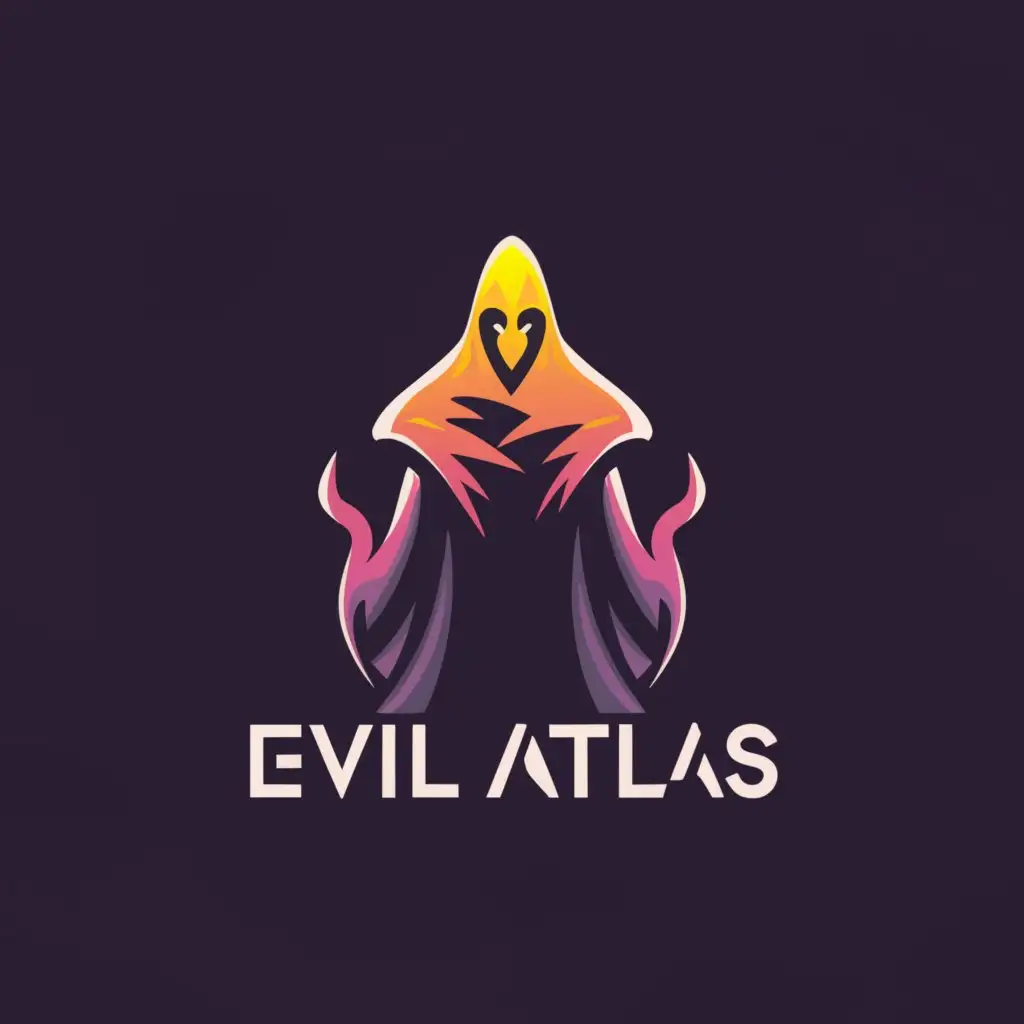 a logo design,with the text "Evil Atlas", main symbol:Thank you for your patience! Here's a description of the logo design:

The "Evil Atlas" logo features a sleek, stylized write the name as EVIL ATLAS silhouette of a hooded mage standing tall and commanding, reminiscent of characters from Dark Cloud, Final Fantasy, and Veigar from League of Legends. The hood drapes dramatically over the mage's face, adding an aura of mystery and power.

The color palette includes deep shades of black and purple, evoking a sense of darkness and mystique. Wisps of cosmic energy swirl around the mage, intertwining with the hood and creating a captivating visual effect. 

The text "Evil Atlas" is elegantly incorporated below the mage, with the letters subtly warped to reflect the cosmic theme. The overall composition exudes an otherworldly and sinister vibe, perfectly capturing the essence of the hooded mage persona.

Let me know if you'd like any adjustments or if there's anything else I can assist you with!,Minimalistic,clear background