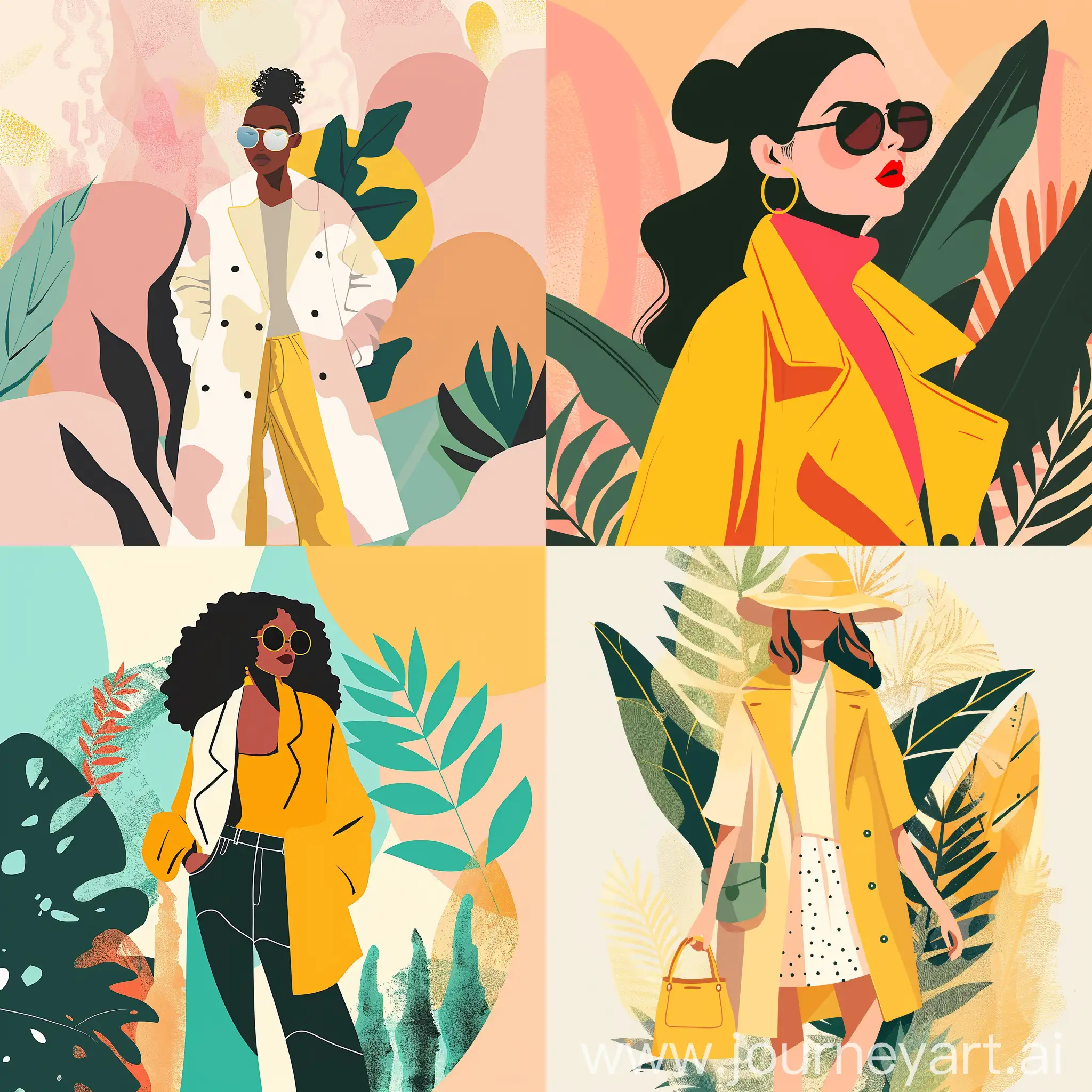 spring fashion illustration in the style of charming character illustrations, fashion illustration, abstract memphis, in vector, in flat style