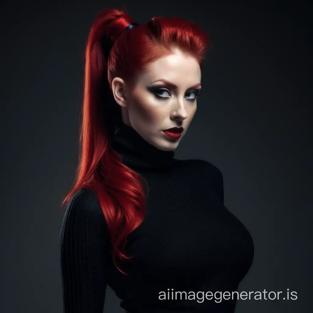 redheaded Dominatrix, her hair in a high ponytail wearing a thick turtleneck knitted red all-in-one