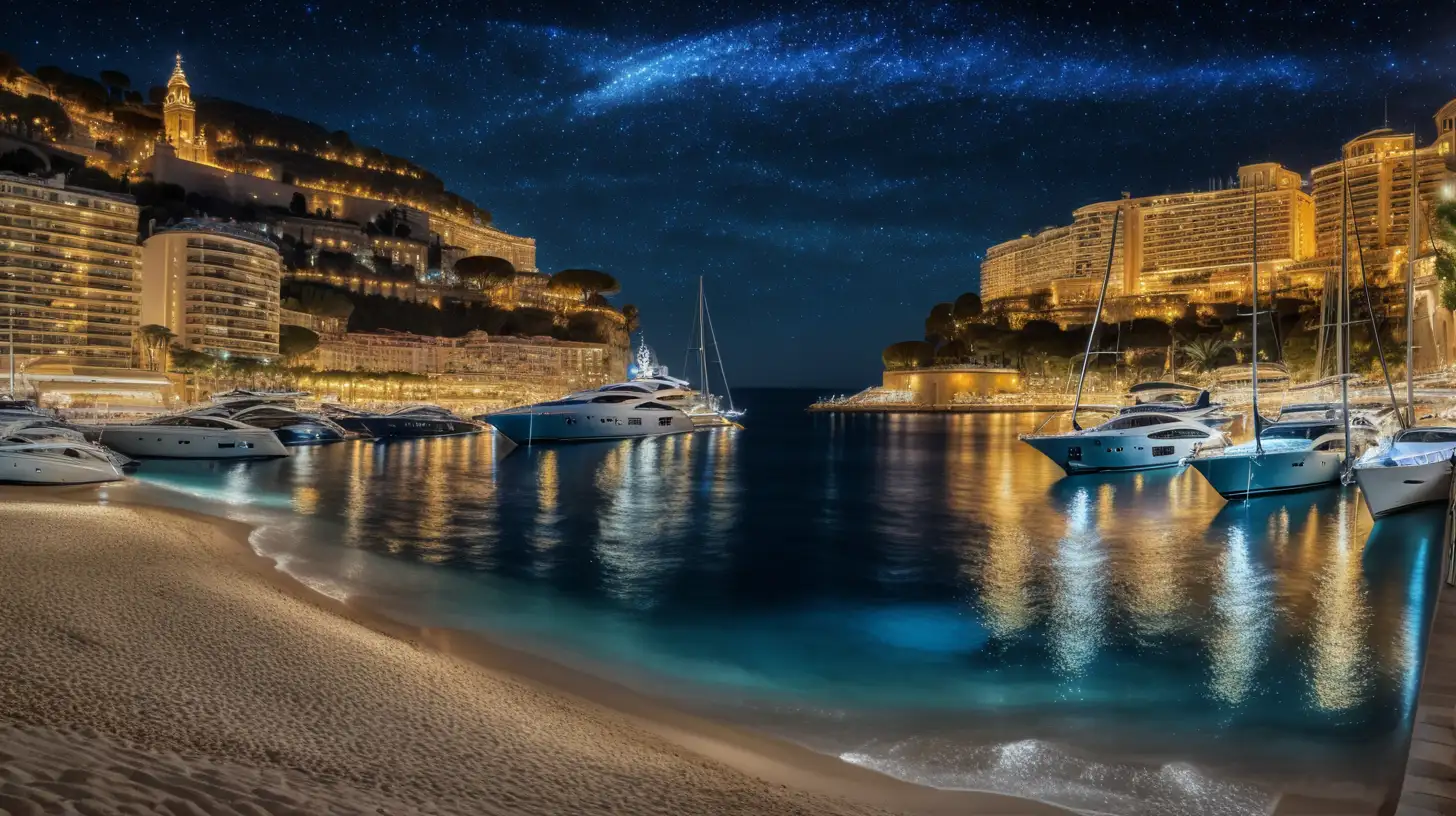Starry Night Beach in Monaco with Illuminated Yachts