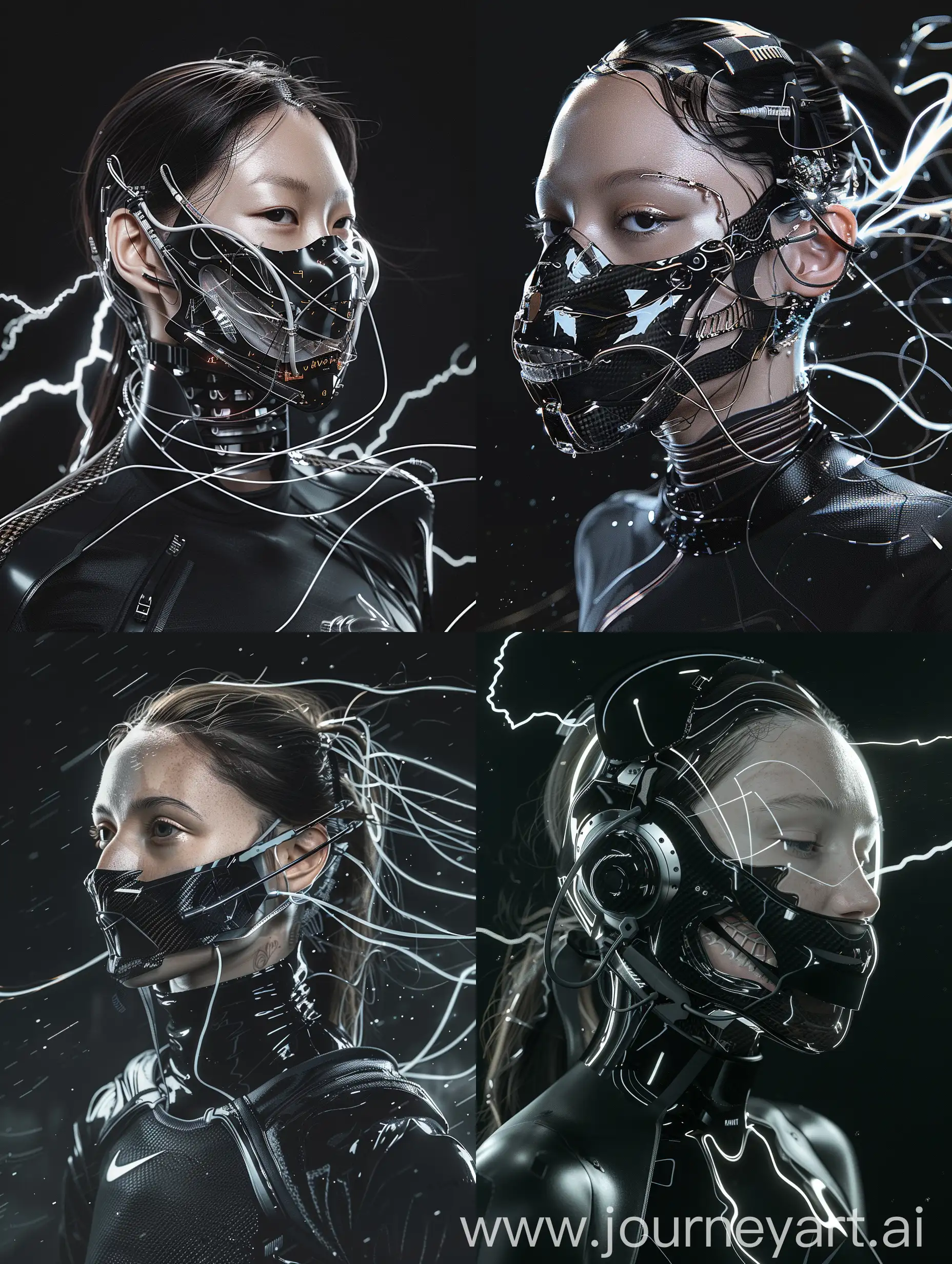 Against a sleek black backdrop, behold a mesmerizing beautiful character adorned with a cybernetic mouth-covering mask. It seamlessly blends cutting-edge technology with intricate details, boasting carbon fiber textures, sleek aluminum accents,glass details and wires. Symbolizing the delicate balance between humanity and machine, her appearance embodies the essence of a futuristic cyberpunk aesthetic, enhanced with Nike-inspired add-ons. With dynamic movements reminiscent of action film sequences, cinematic haze, and energy that crackles like lightning, her presence captivates with its irresistible allure