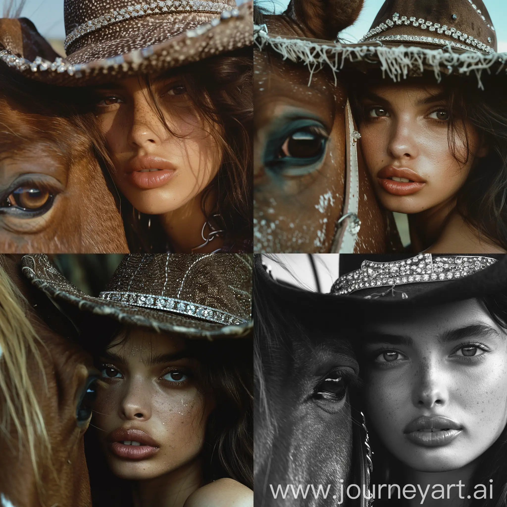 Stylish-Albanian-Model-Poses-with-Diamond-Cowboy-Hat-Next-to-Horse