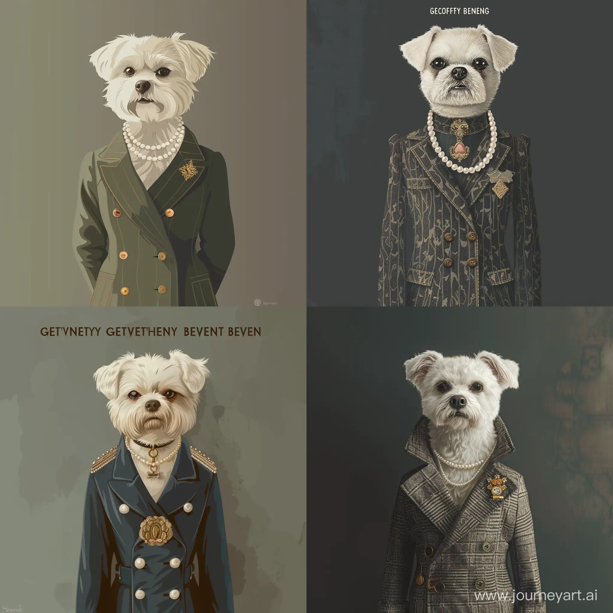 Create an illustration in vintage style of an elegant white Shih Tzu dressed in a vintage Geoffrey Beene coat and wearing a single pearl necklace with a gold brooch standing against a monochromatic background that exudes elegance and luxury. The character should exude confidence and poise, reminiscent of models in a high-end fashion advertisement. The outfit should be elegant, tailored impeccably, and reflective of vintage fashion trends seen on runways. Accessories should be minimal yet striking, complementing the overall look. The lighting should be dramatic, enhancing the textures and silhouettes of the outfit. The white Shih Tzu should be positioned centrally, making direct eye contact with the viewer as if gazing through the lens of a camera on a fashion shoot. The outfit should always maintain a look that would be at home on the pages of a luxury fashion magazine, in flat vintage style, high quality detailed