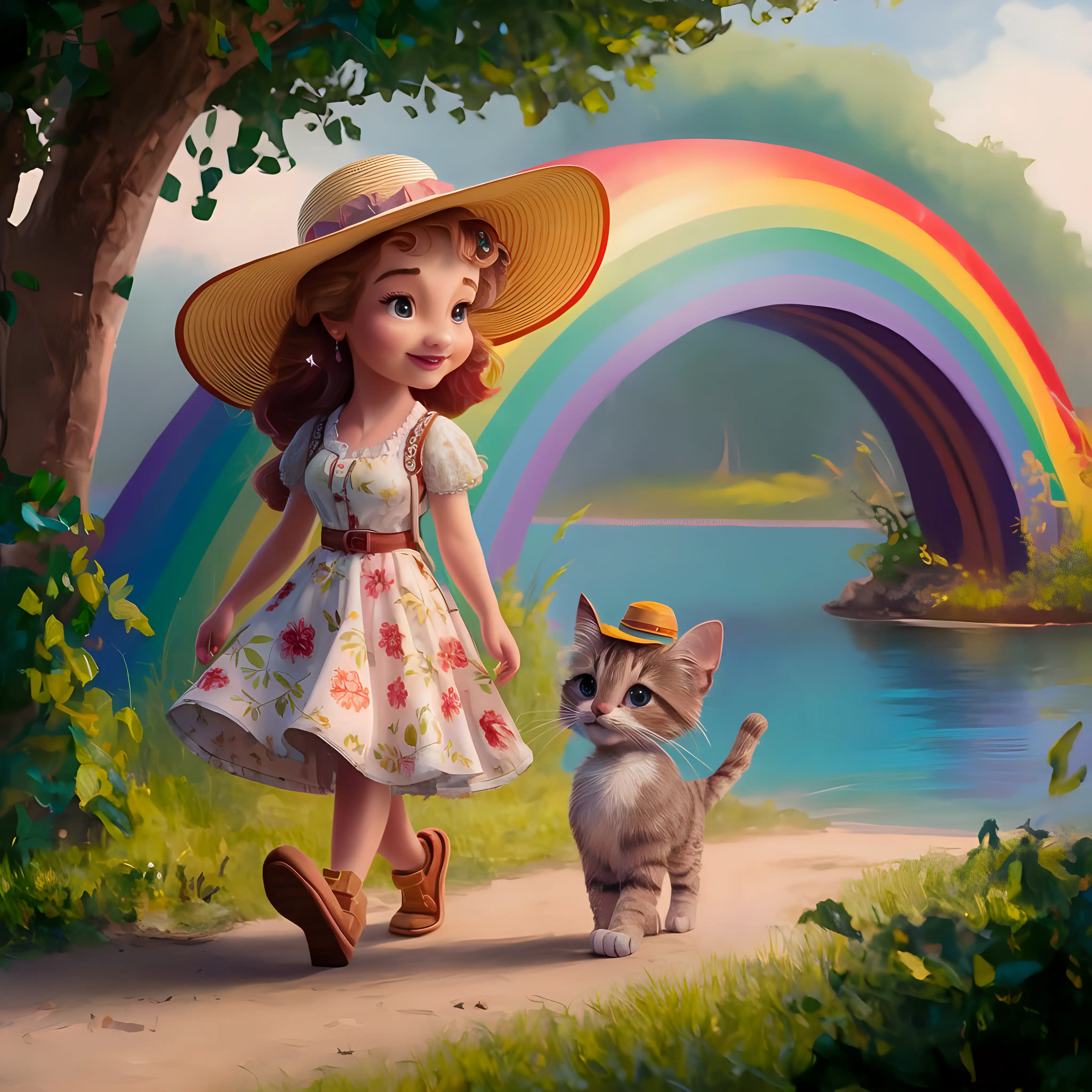 a cartoon oil painting of a young woman walking towards a rainbow bridge with a cat walking alongside her