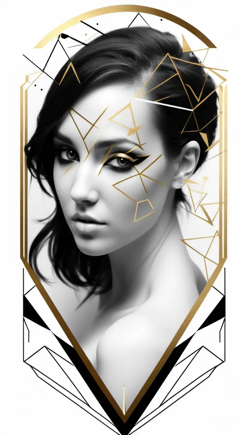   featuring a realistic  [scorpio zodiac] [a beautiful lady by scorpion] [geometric shapes]
[black and white and gold]
white empty background