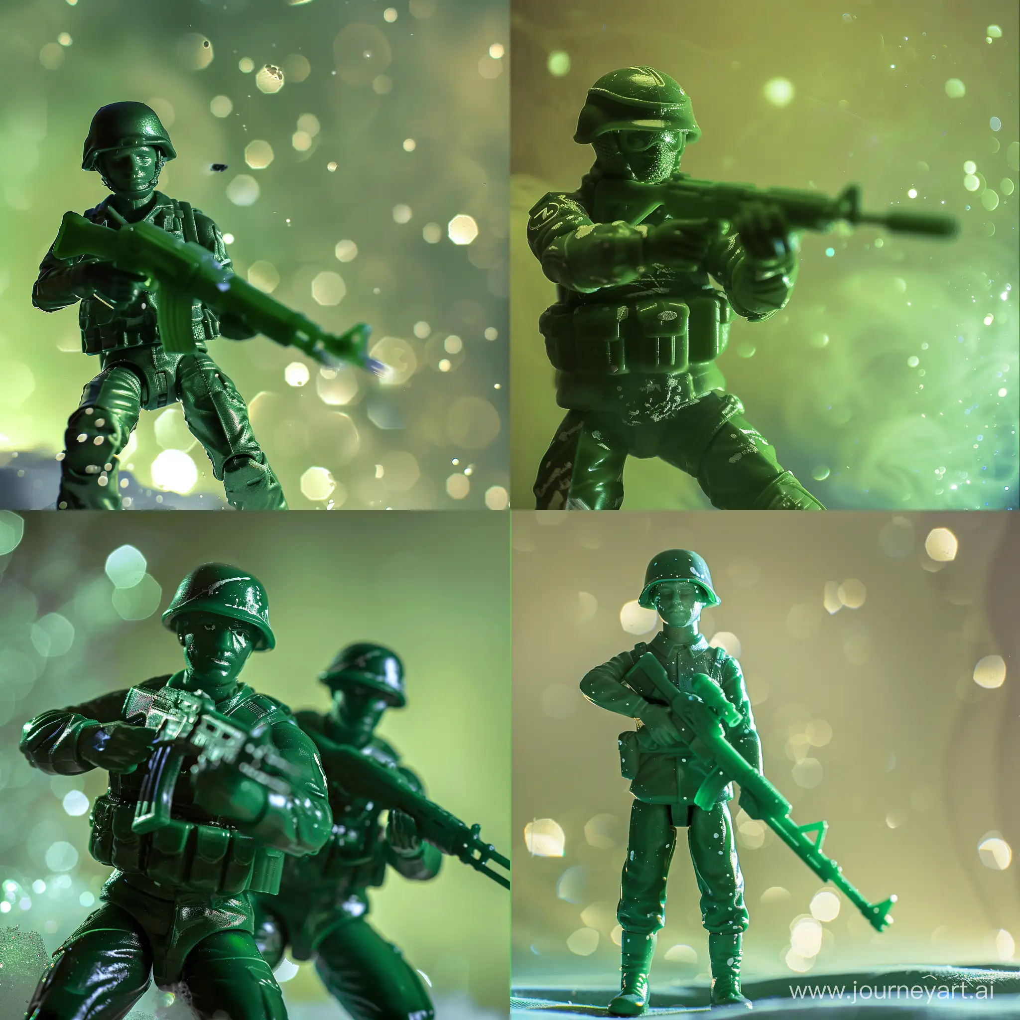 green plastic soldiers toys, with weapon, green background, light spots, detalised
