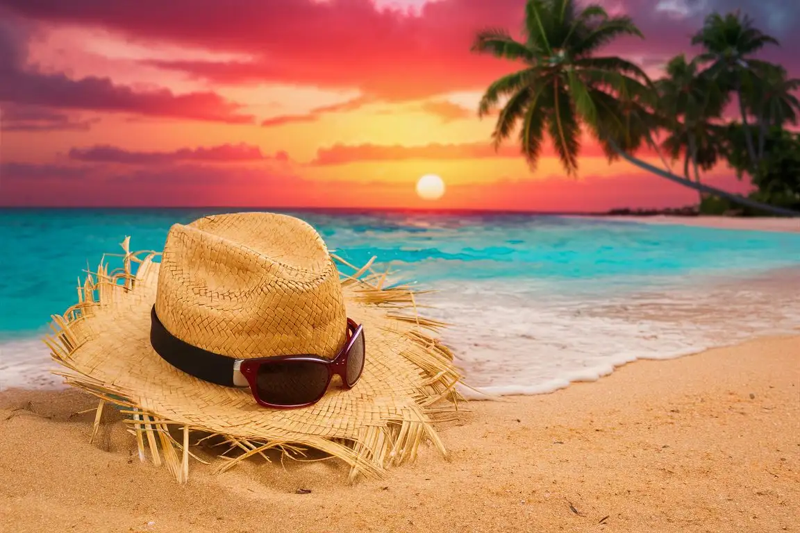 Straw hat and sun glass on a tropical beach sand at sunset
