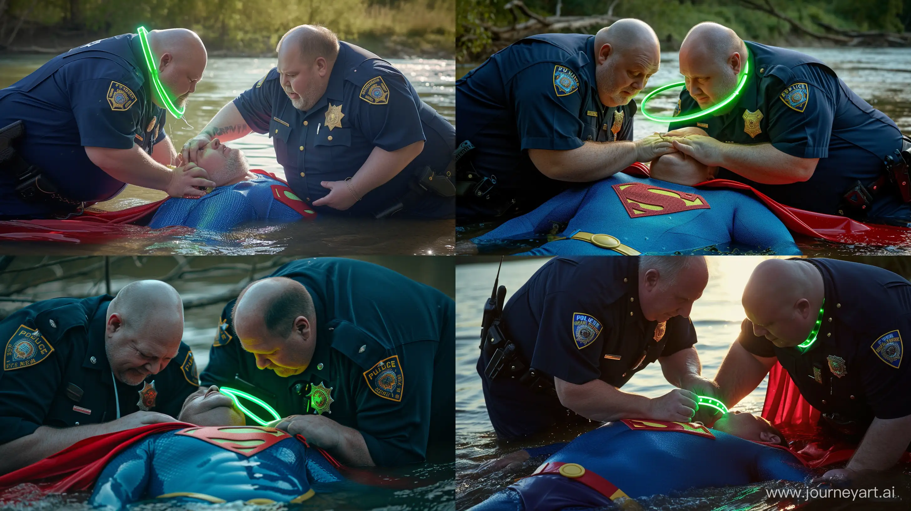 Close-up photo of two fat man aged 60 wearing navy police uniforms. Bending and putting a tight green glowing neon dog collar on the nape of a fat man aged 60 wearing a tight blue 1978 superman costume with a red cape lying in the water. Natural Light. River. --style raw --ar 16:9