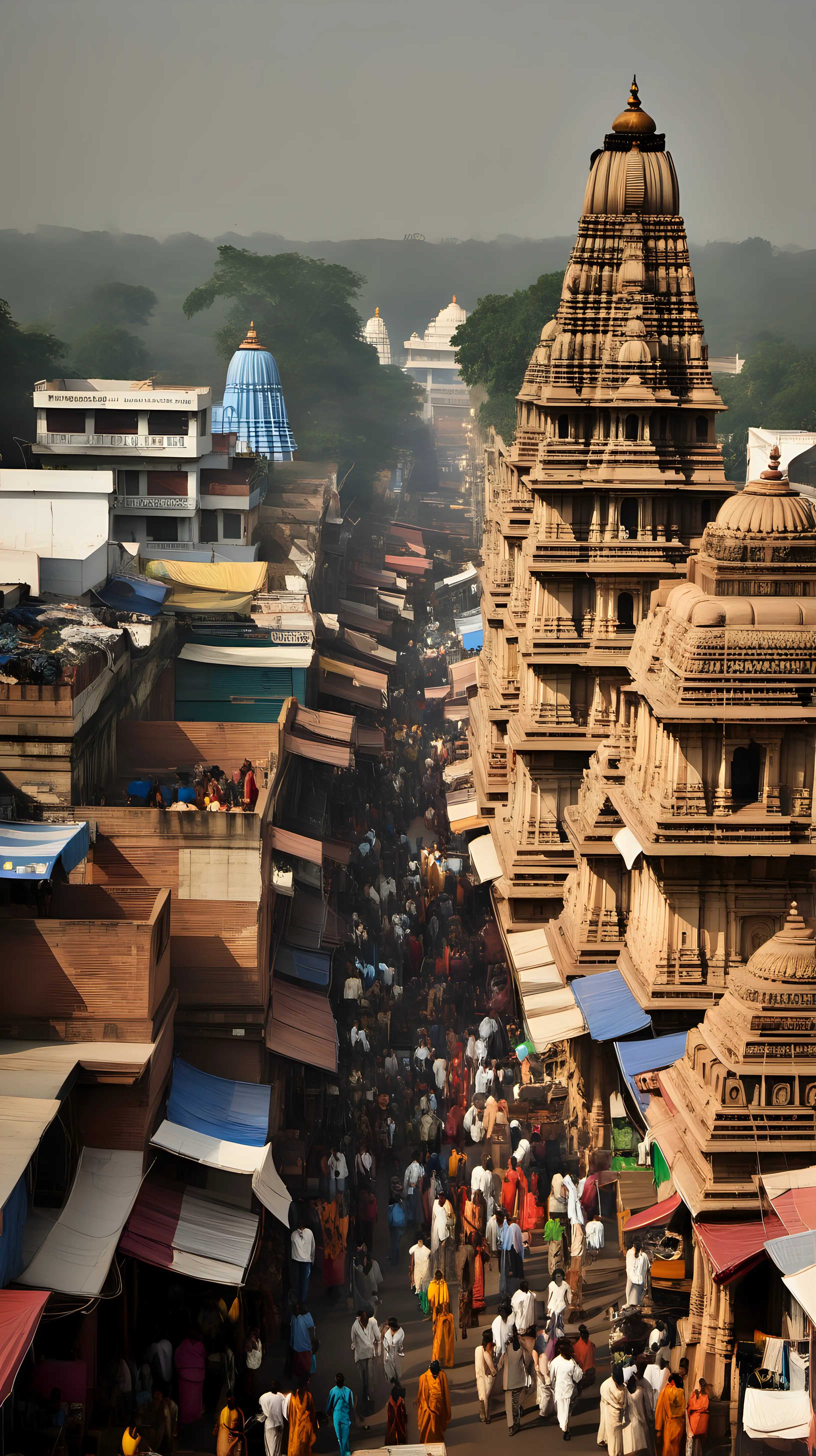 An ancient Indian city with temples and busy markets
